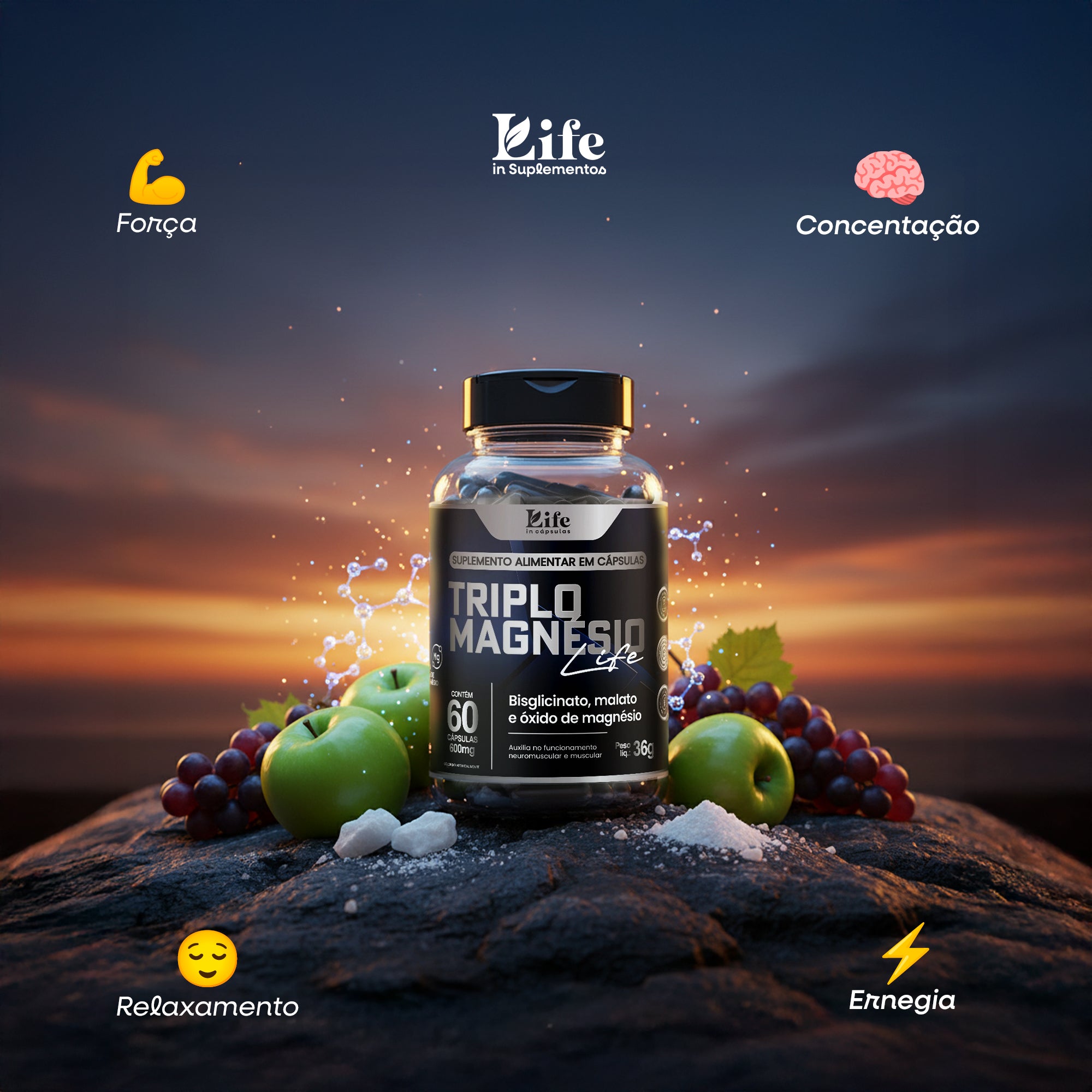 Triplo Magnésio Life In - 60 Capsulas – Vitalidade e Saúde Óssea em Cápsulas.