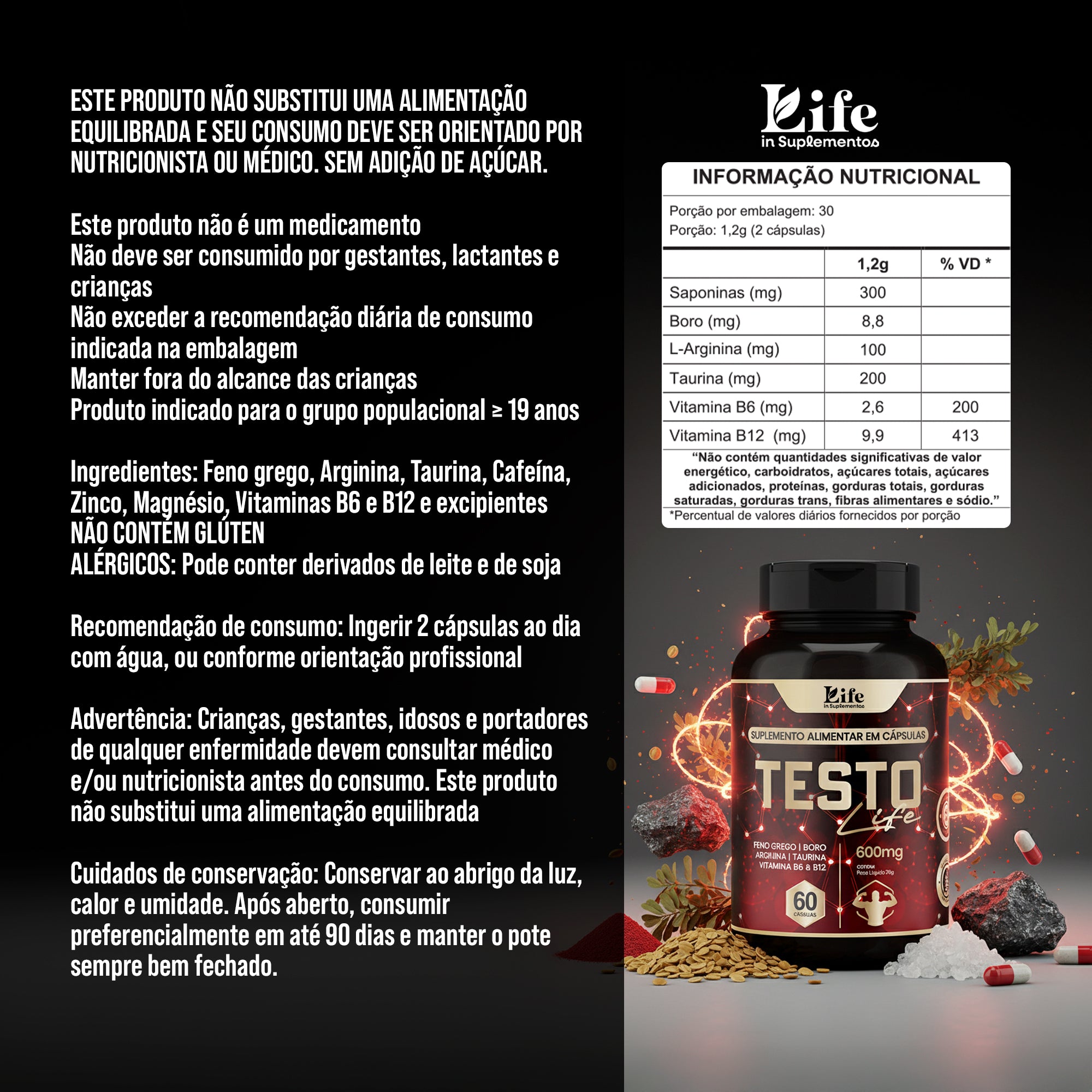Testo Life - 60 Capsulas - Suplemento Alimentar para Foco, Energia e Bem-Estar