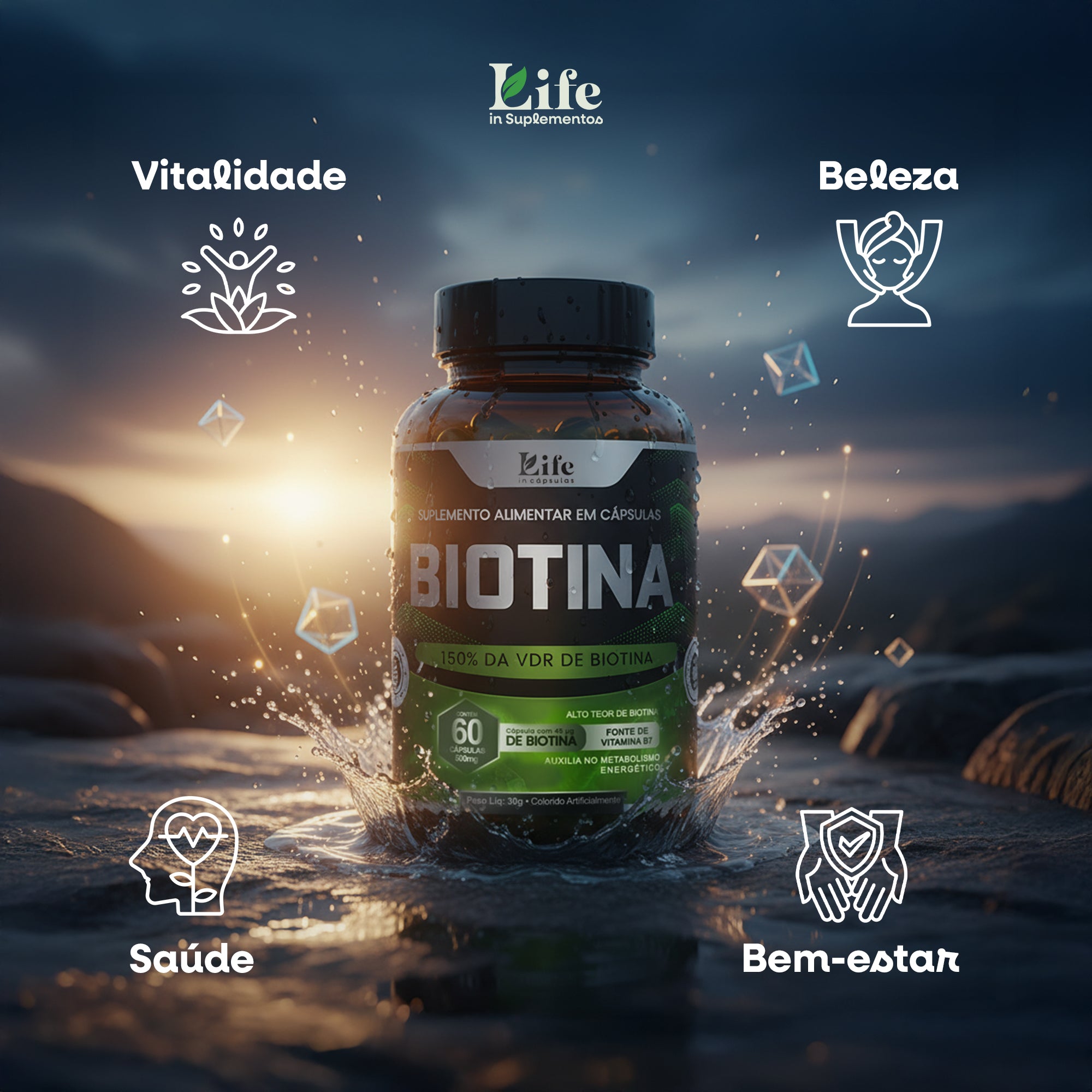 Biotina Life In - 180 Capsulas - Suplemento Alimentar para Cabelos Unhas e Pele.
