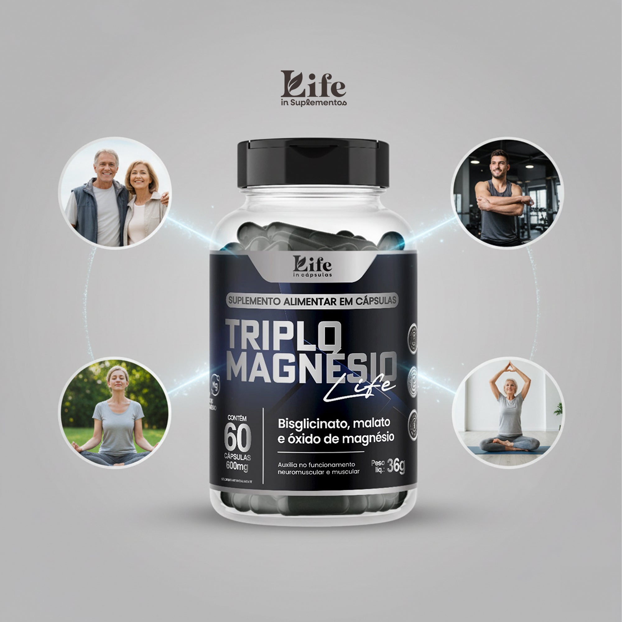 Triplo Magnésio Life In - 60 Capsulas – Vitalidade e Saúde Óssea em Cápsulas.