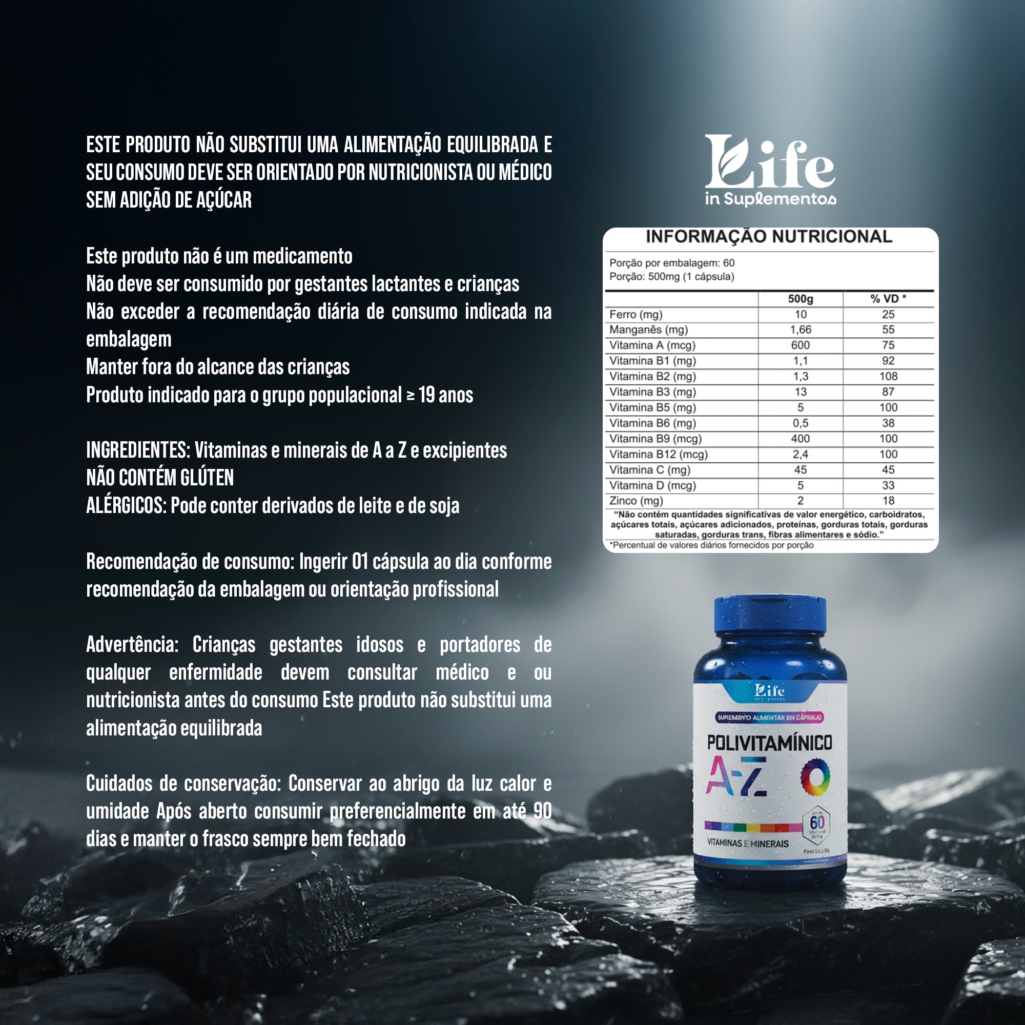 Polivitaminico Life in - 60 Cápsulas / 500 mg
