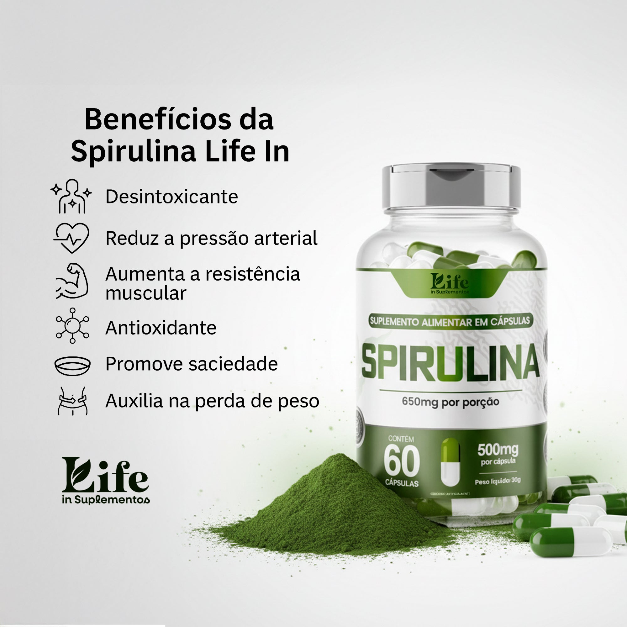Spirulina Life In - 300 Cápsulas - Suplemento Alimentar Antioxidante e Bem-Estar