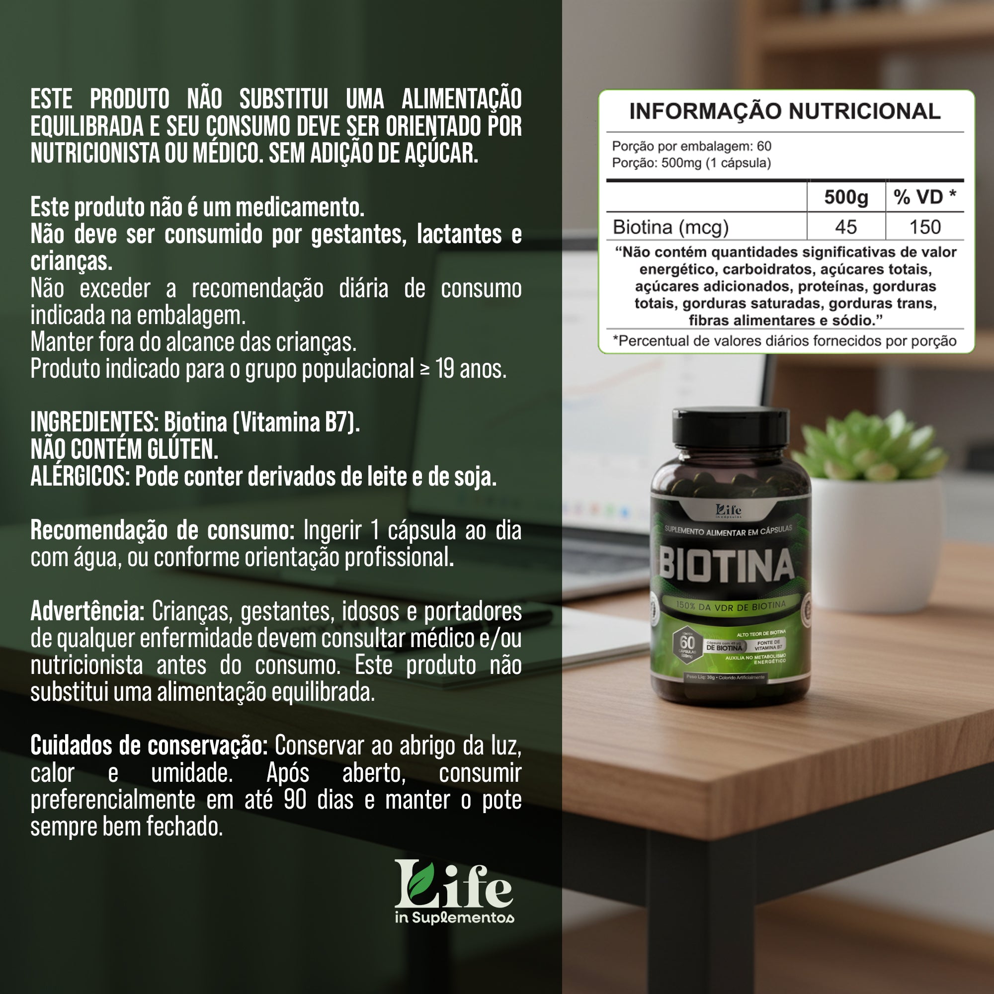 Biotina Life In - 180 Capsulas - Suplemento Alimentar para Cabelos Unhas e Pele.