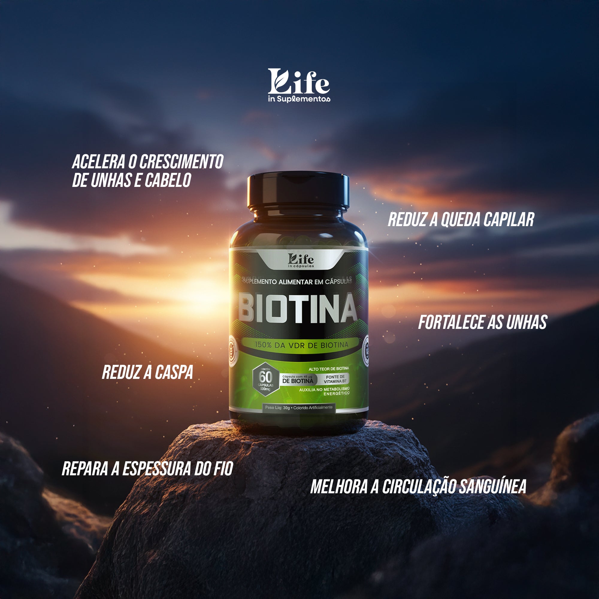 Biotina Life In - 180 Capsulas - Suplemento Alimentar para Cabelos Unhas e Pele.