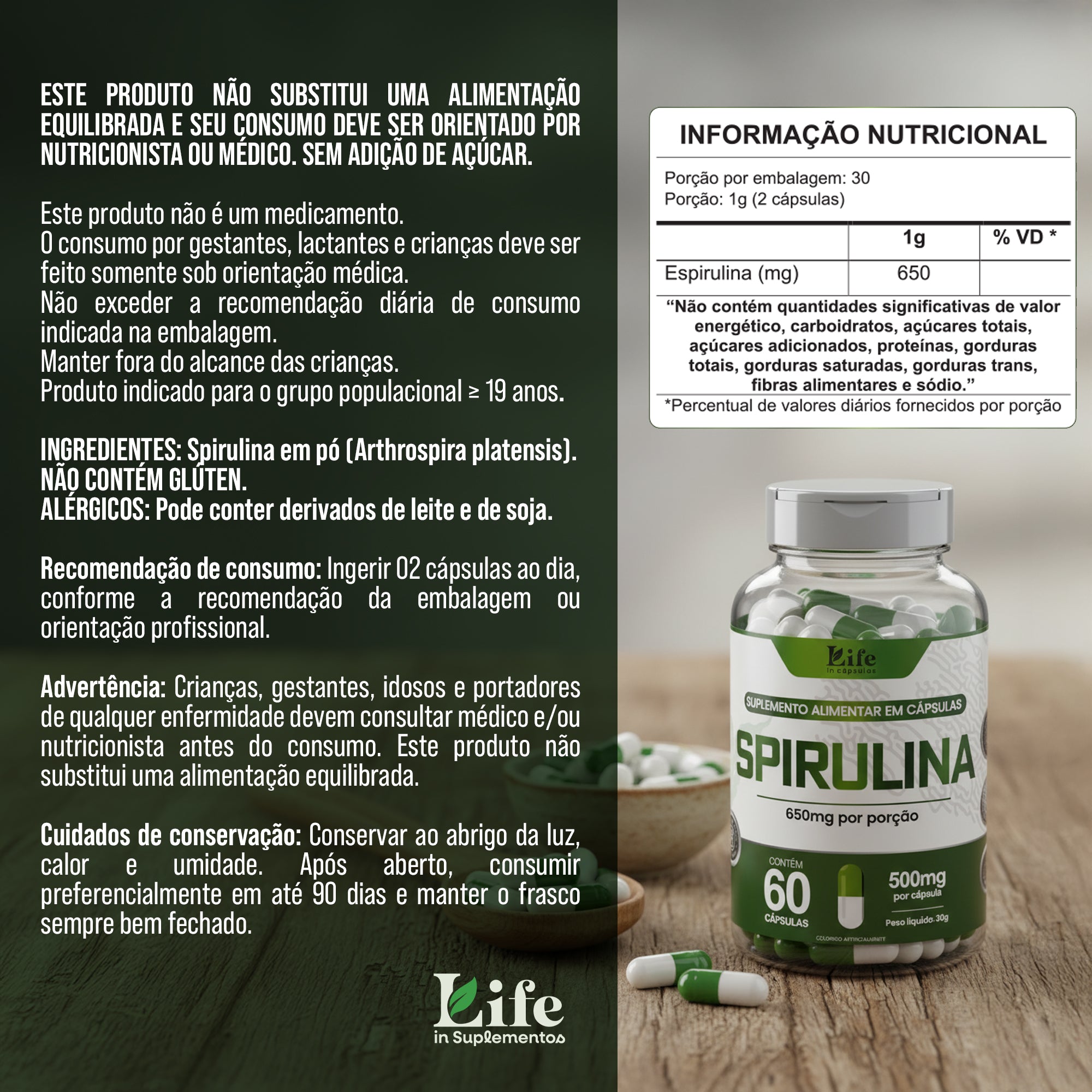 Spirulina Life In - 300 Cápsulas - Suplemento Alimentar Antioxidante e Bem-Estar