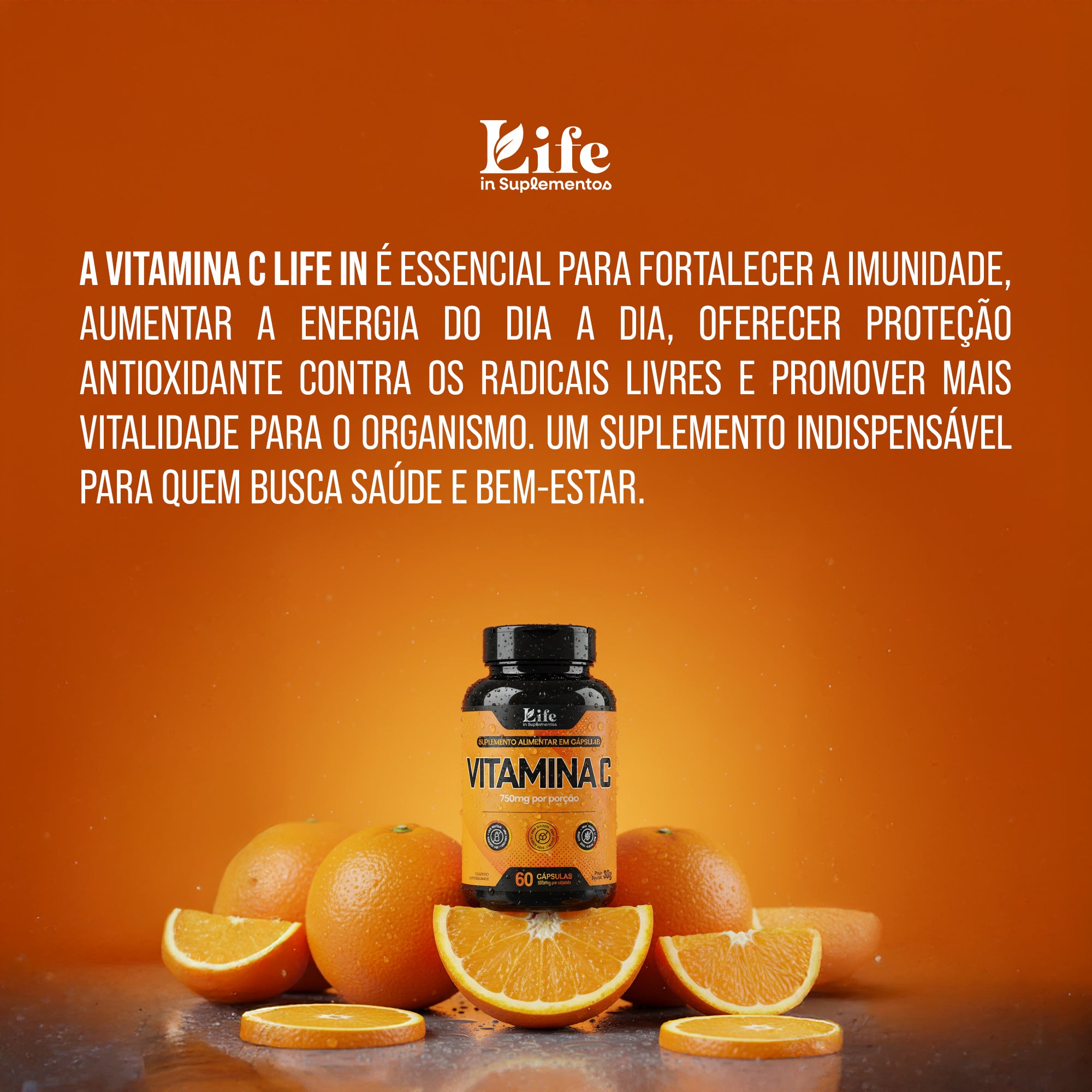 Vitamina C Life In | 750Mg - 60 Capsulas | Suplemento Alimentar para Imunidade e Energia.