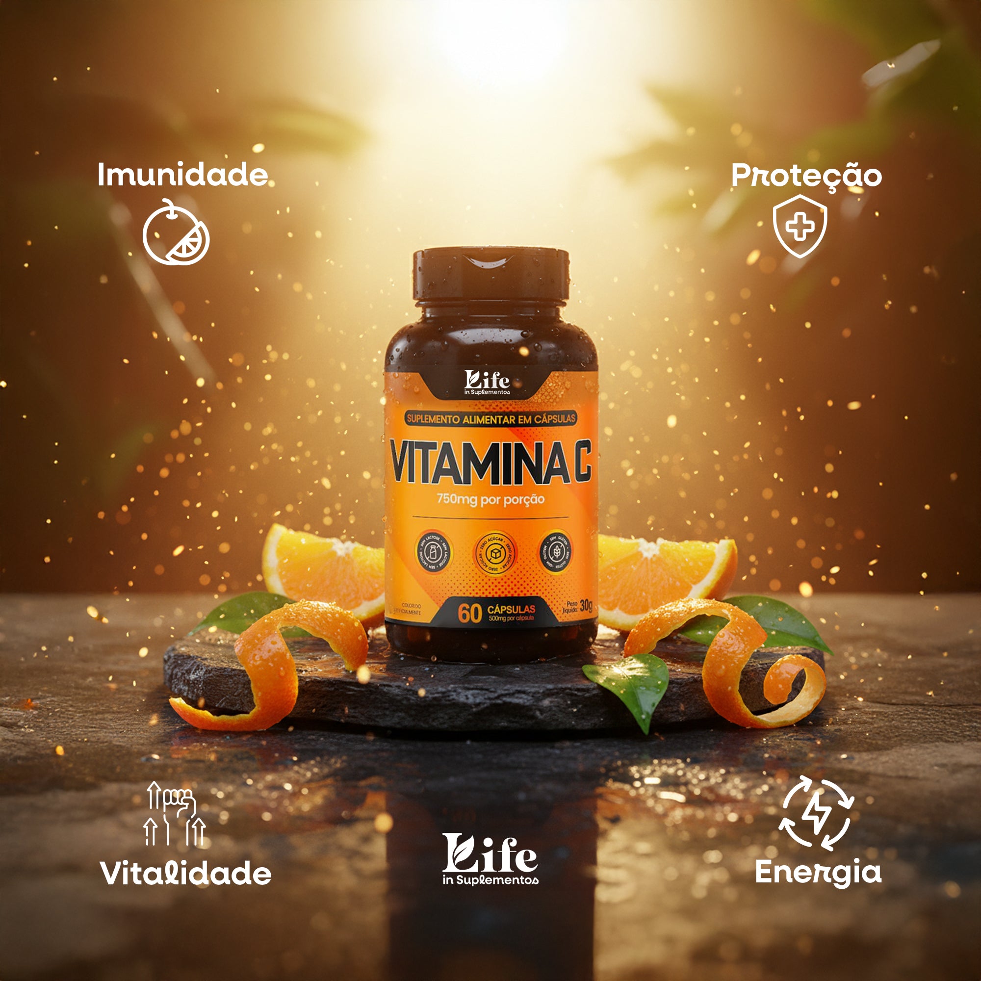 Vitamina C Life In | 750Mg - 60 Capsulas | Suplemento Alimentar para Imunidade e Energia.