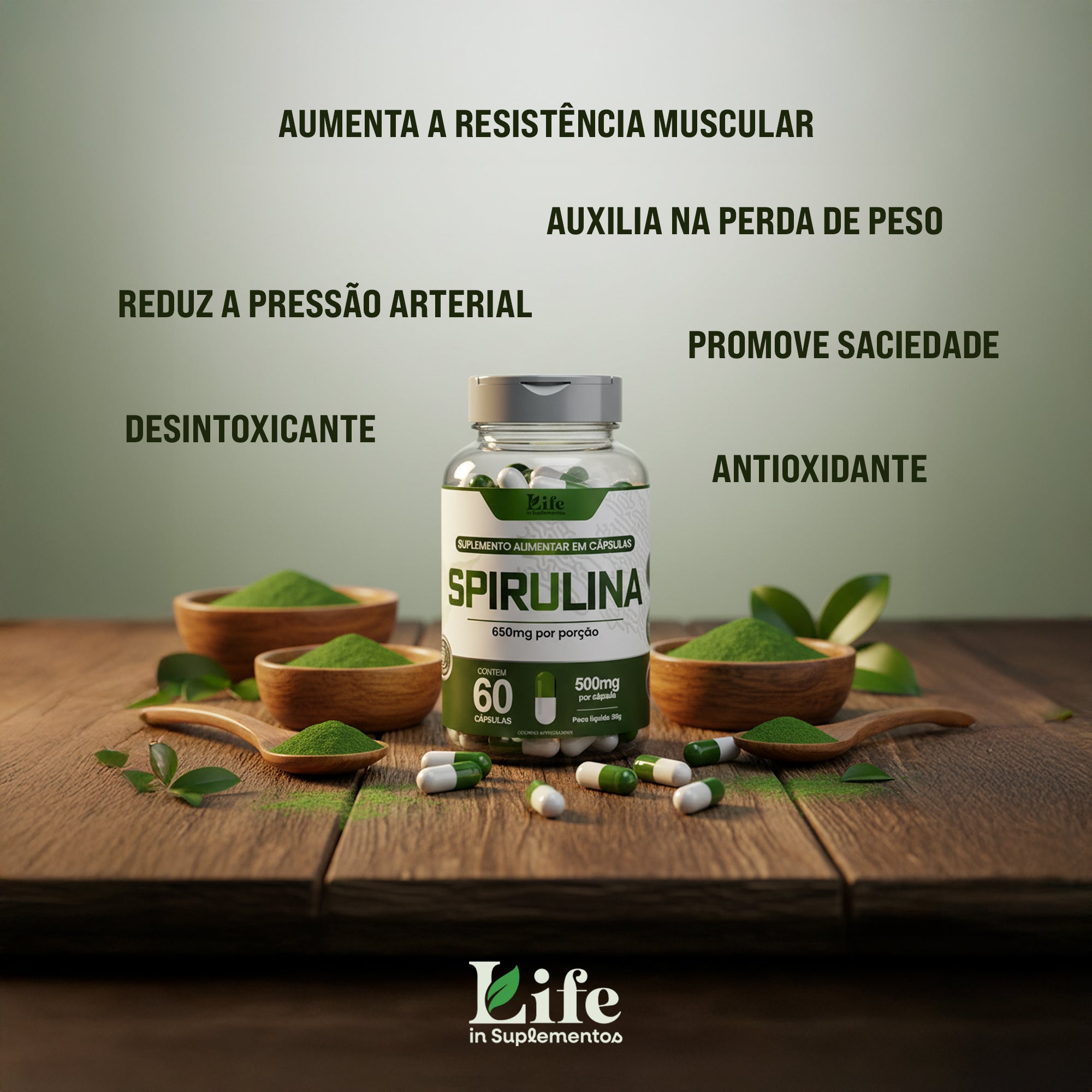 Spirulina Life In - 300 Cápsulas - Suplemento Alimentar Antioxidante e Bem-Estar