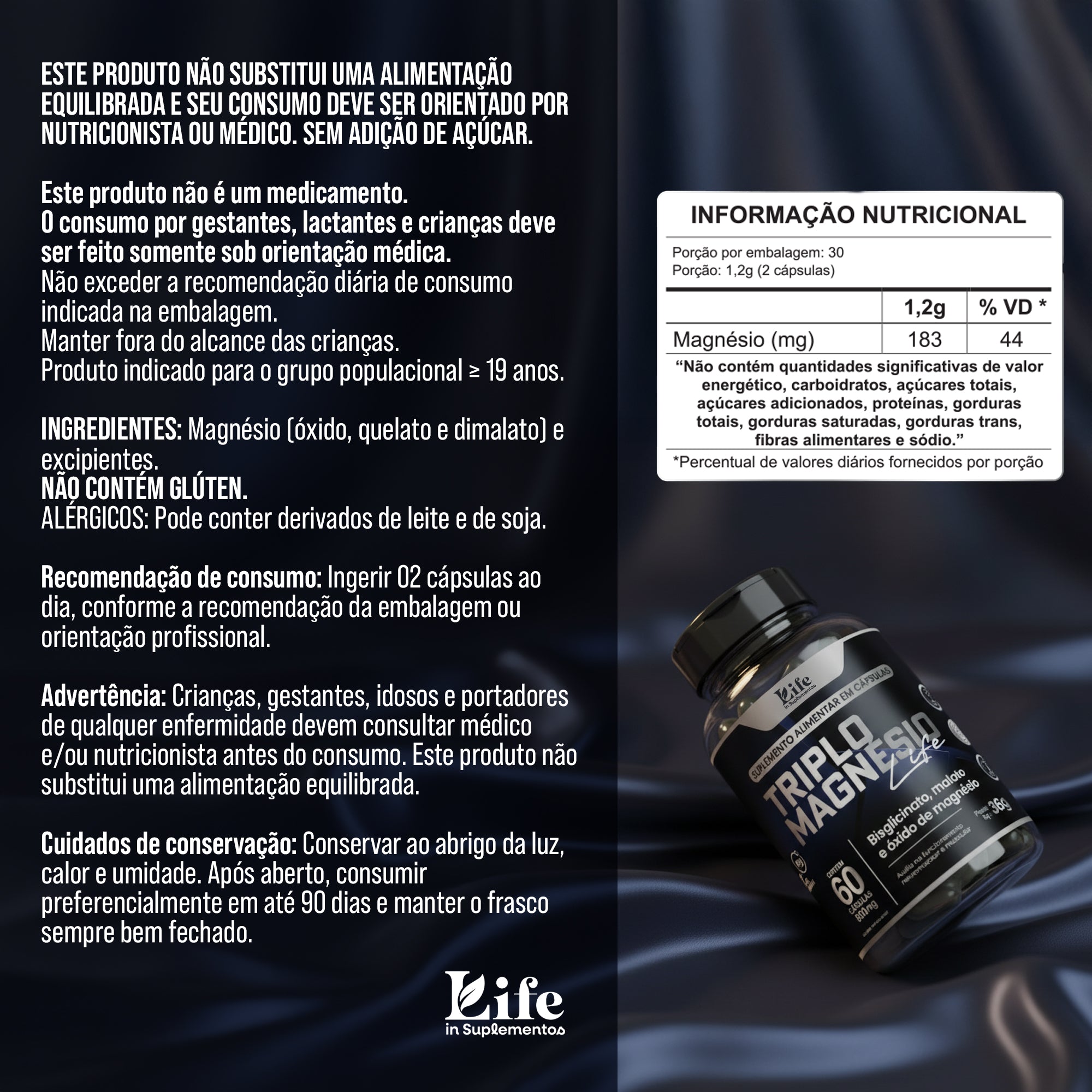 Triplo Magnésio Life In - 60 Capsulas – Vitalidade e Saúde Óssea em Cápsulas.