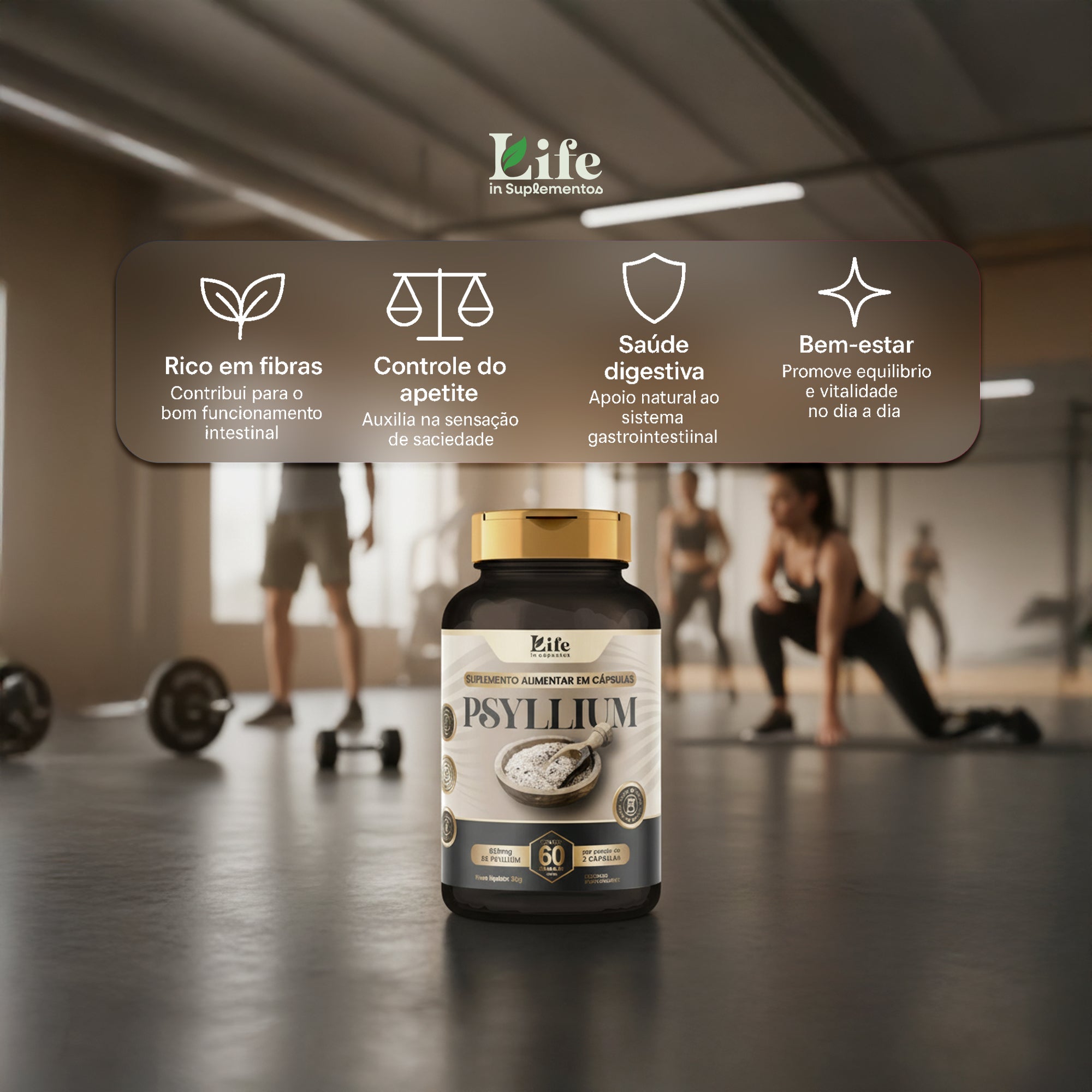 Psyllium Life In - 60 Capsulas | Suplemento para auxilio a Saúde Intestinal e na Saciedade.