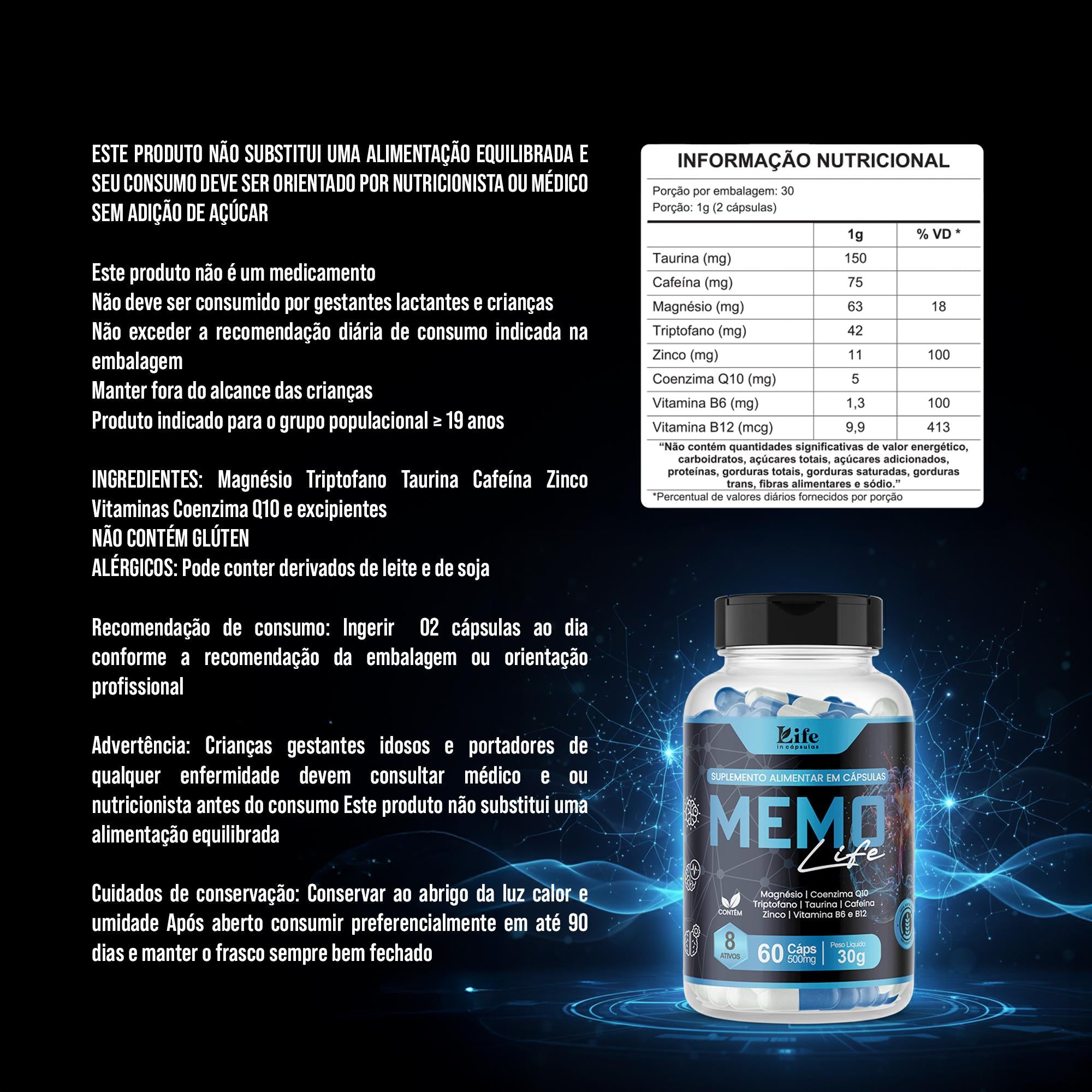 Memo Life 60 Cápsulas – Memória, Energia, Clareza Mental, Concentração, Disposição.