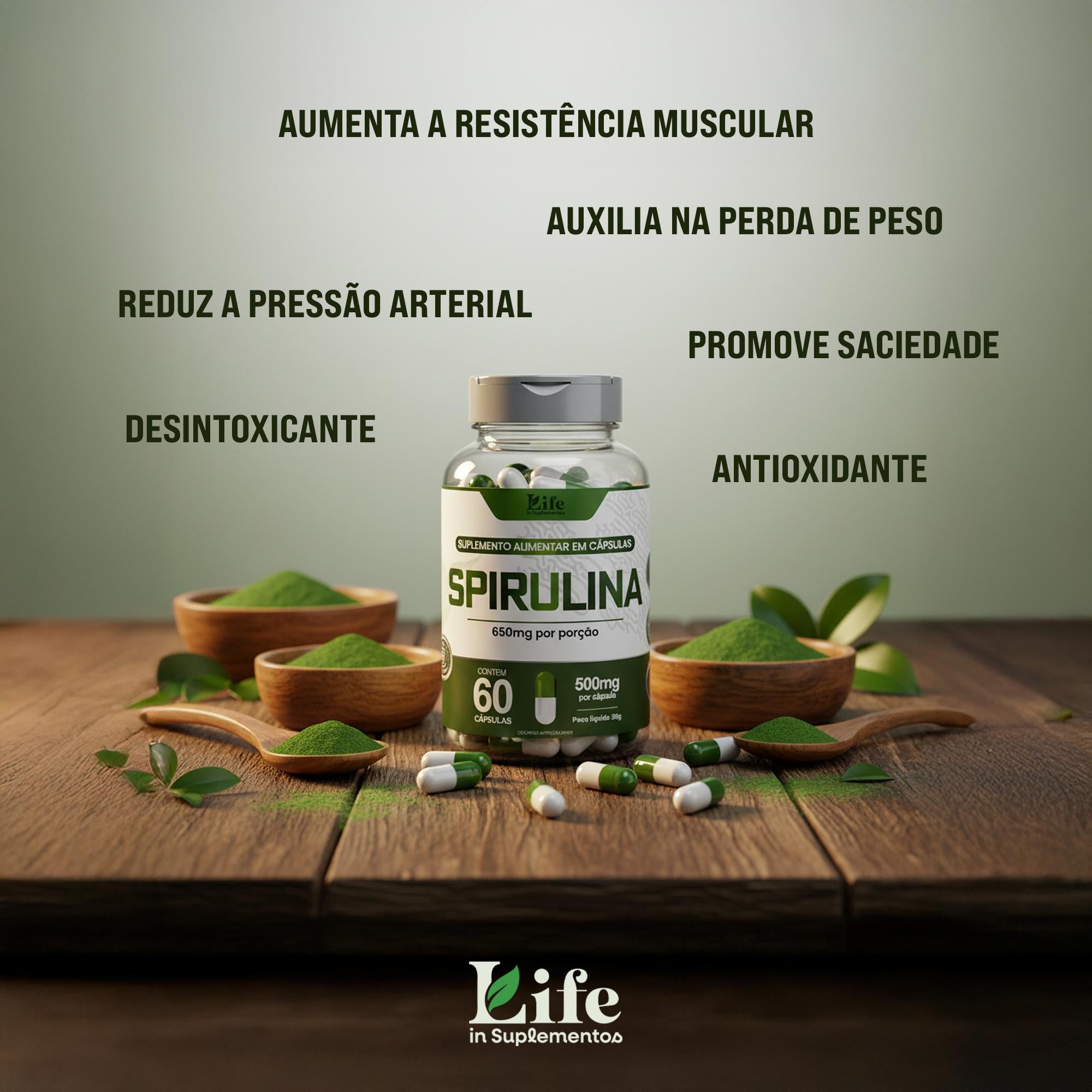 Spirulina Life In - 60 Cápsulas - Auxílio ao Metabolismo Energético e Saciedade.