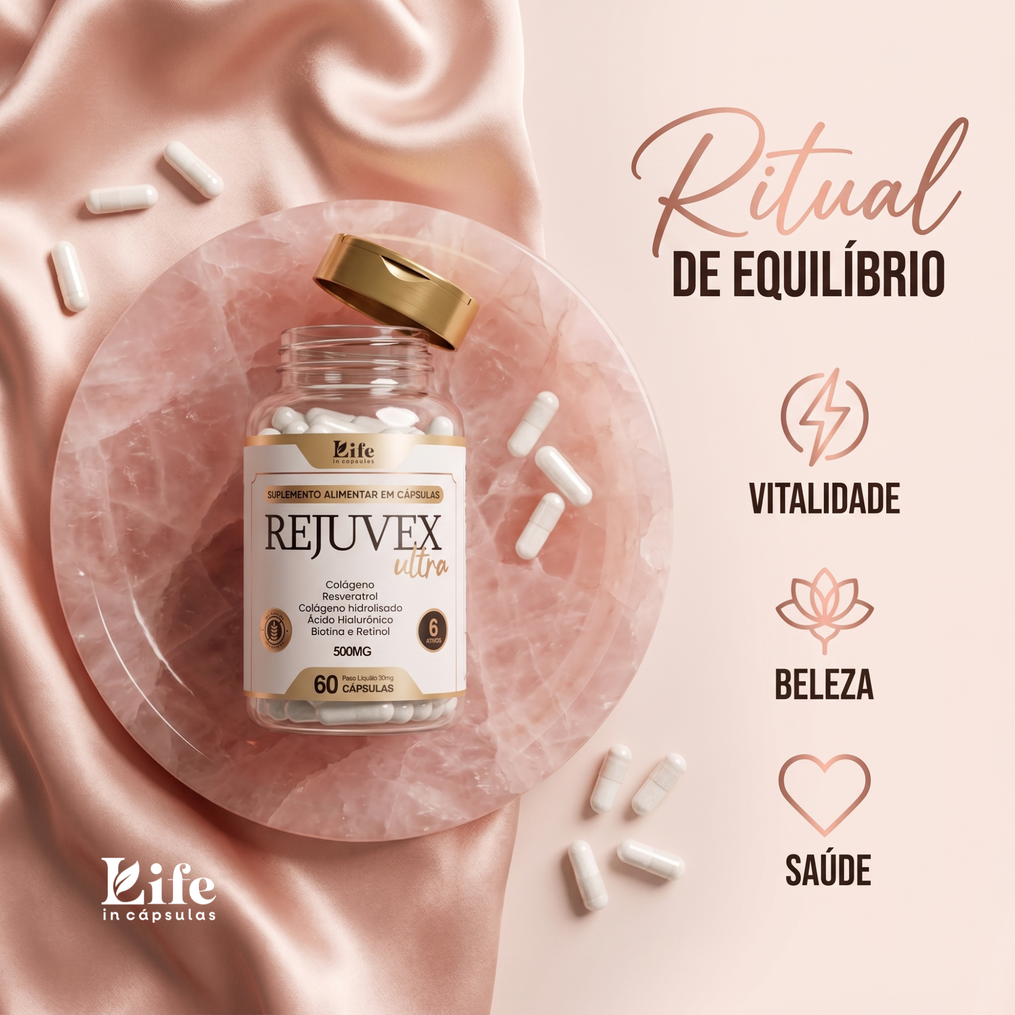 Kit 3 Rejuvex Ultra Colágeno, Resveratrol, Ácido Hialurônico, Biotina e Retinol – 180 Cápsulas