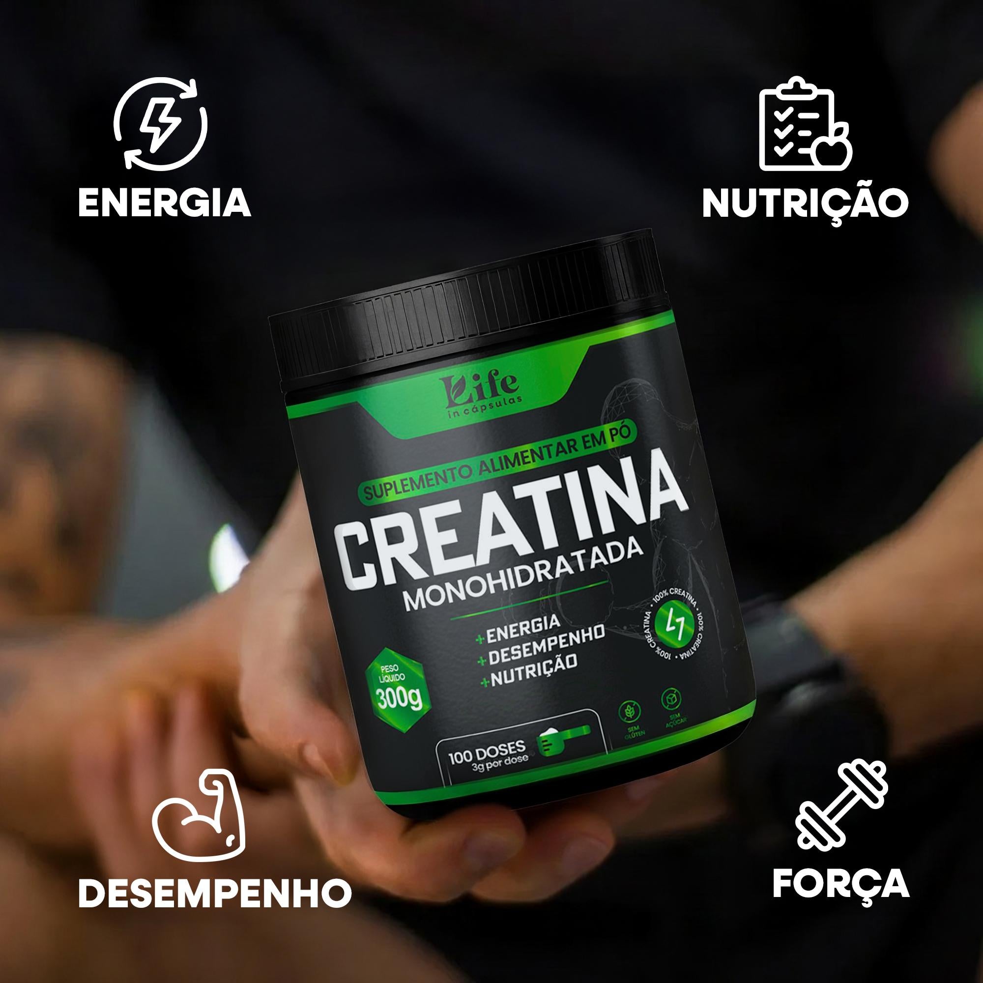Creatina Monohidratada Life In 100% Pura - 300g - Energia e Performance Natural.