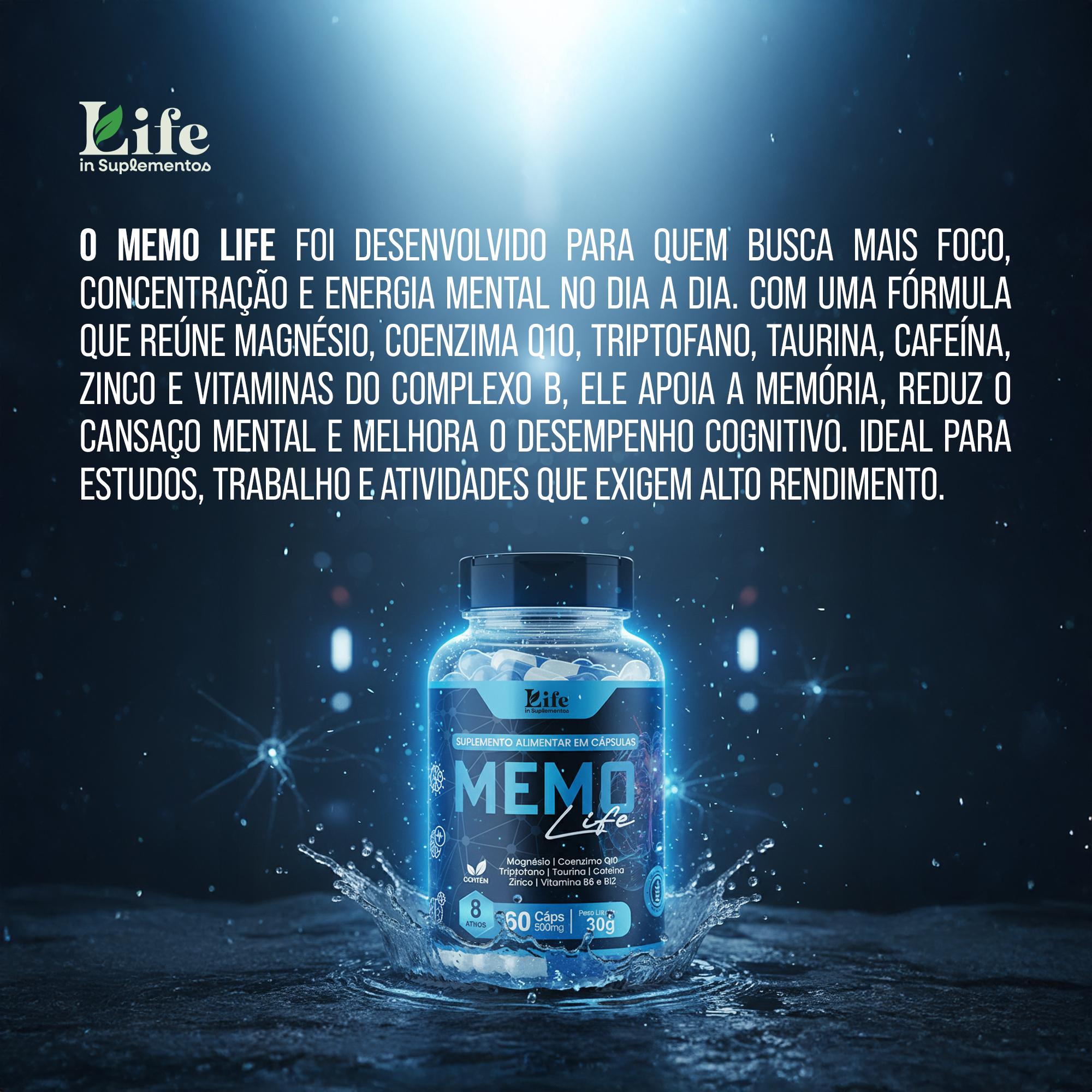 Memo Life 60 Cápsulas – Memória, Energia, Clareza Mental, Concentração, Disposição.