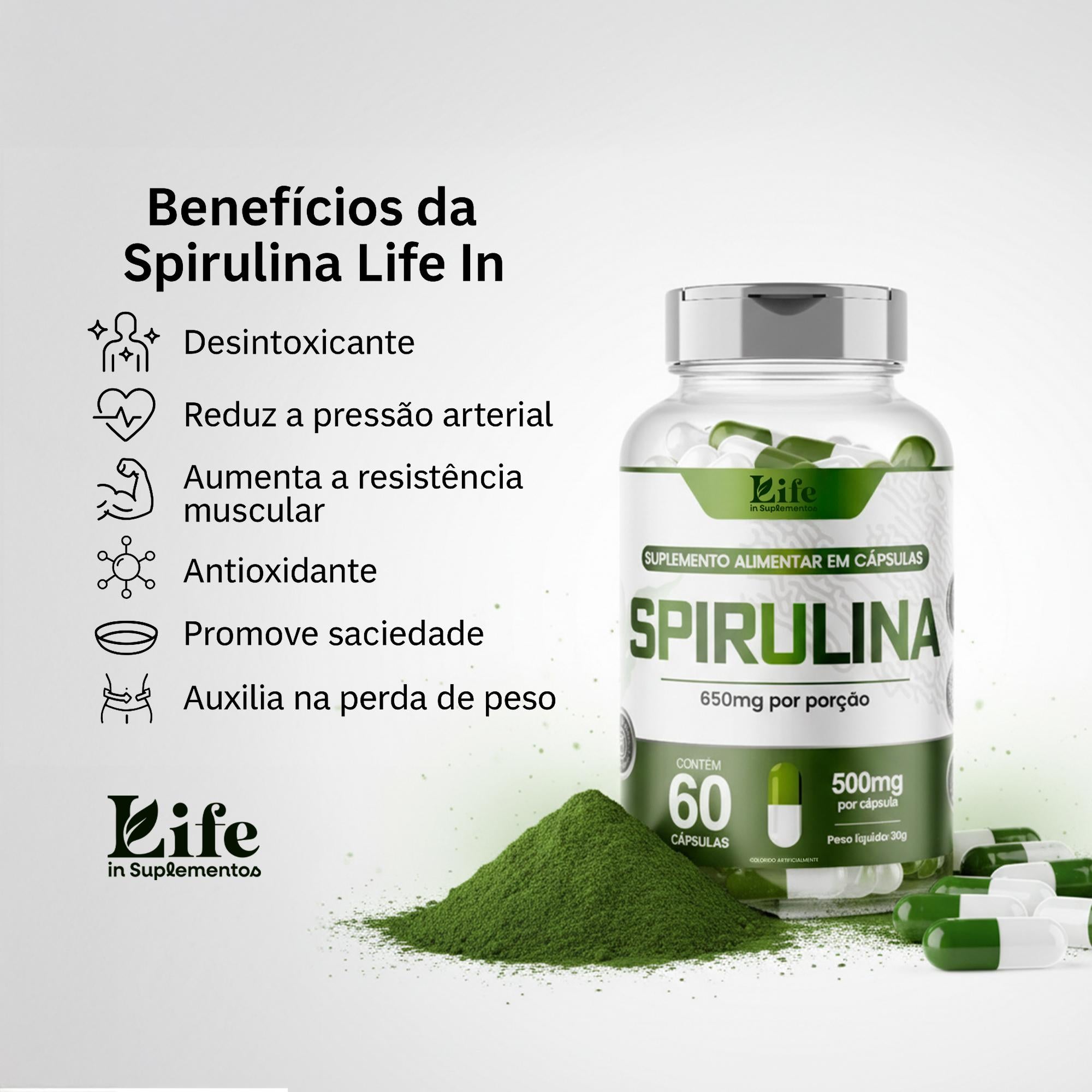 Spirulina Life In - 60 Cápsulas - Auxílio ao Metabolismo Energético e Saciedade.