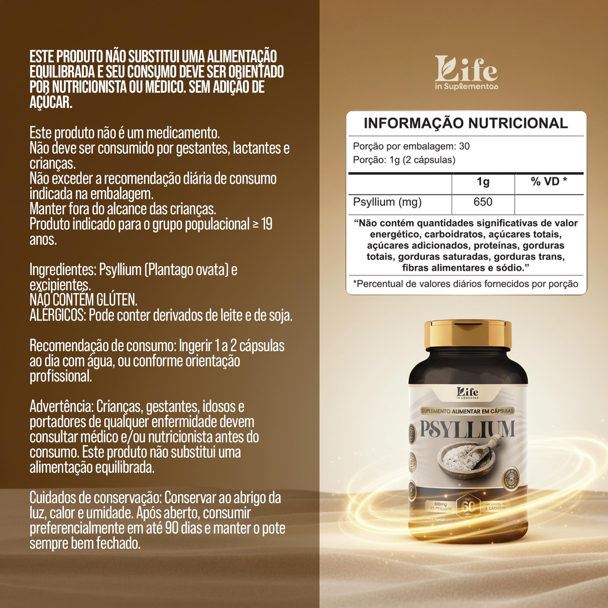 Psyllium Life In - 60 Cápsulas - Suplemento Alimentar Life In Cápsulas | Auxilio a Saúde Intestinal e a Saciedade