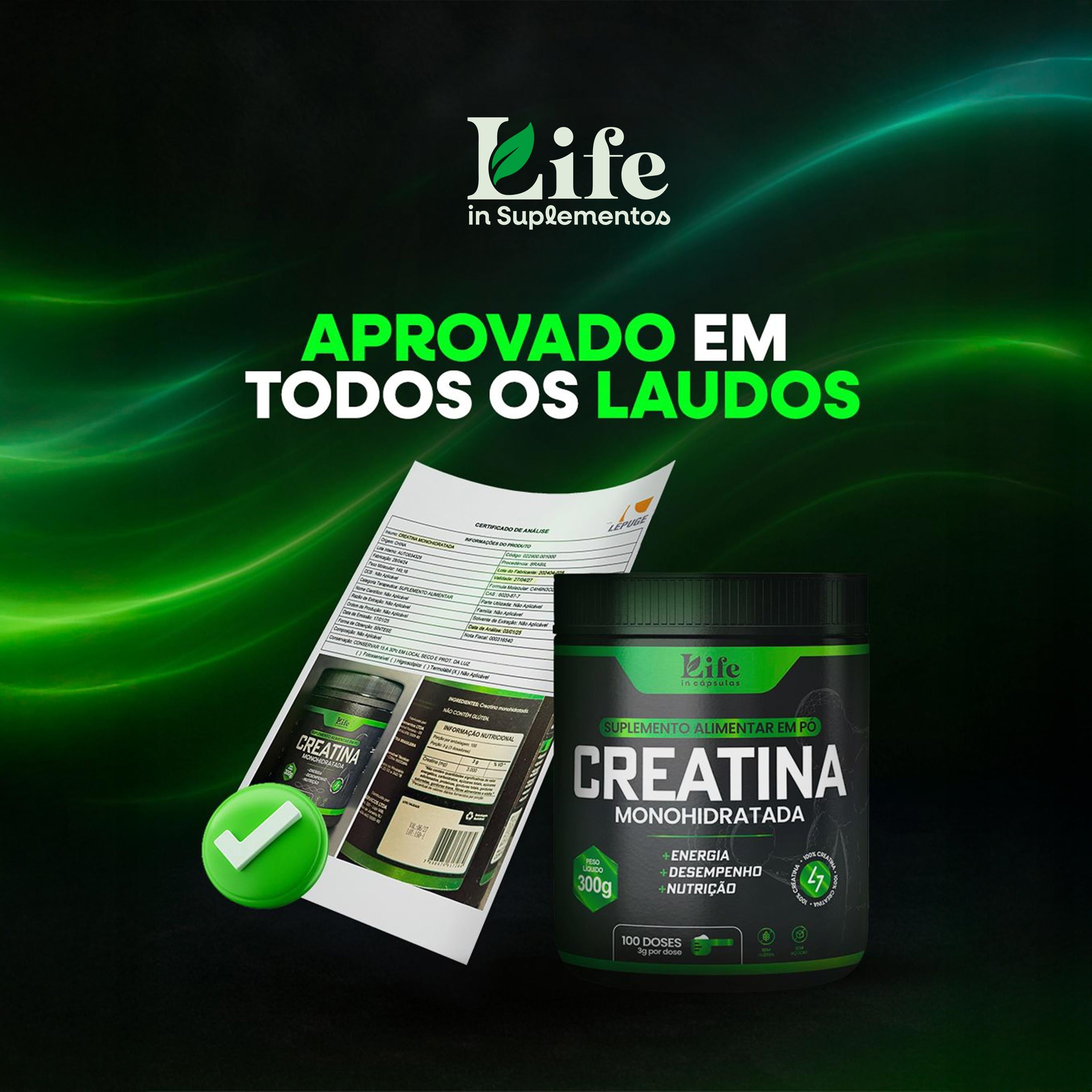 Creatina Monohidratada Life In 100% Pura - 300g - Energia e Performance Natural.