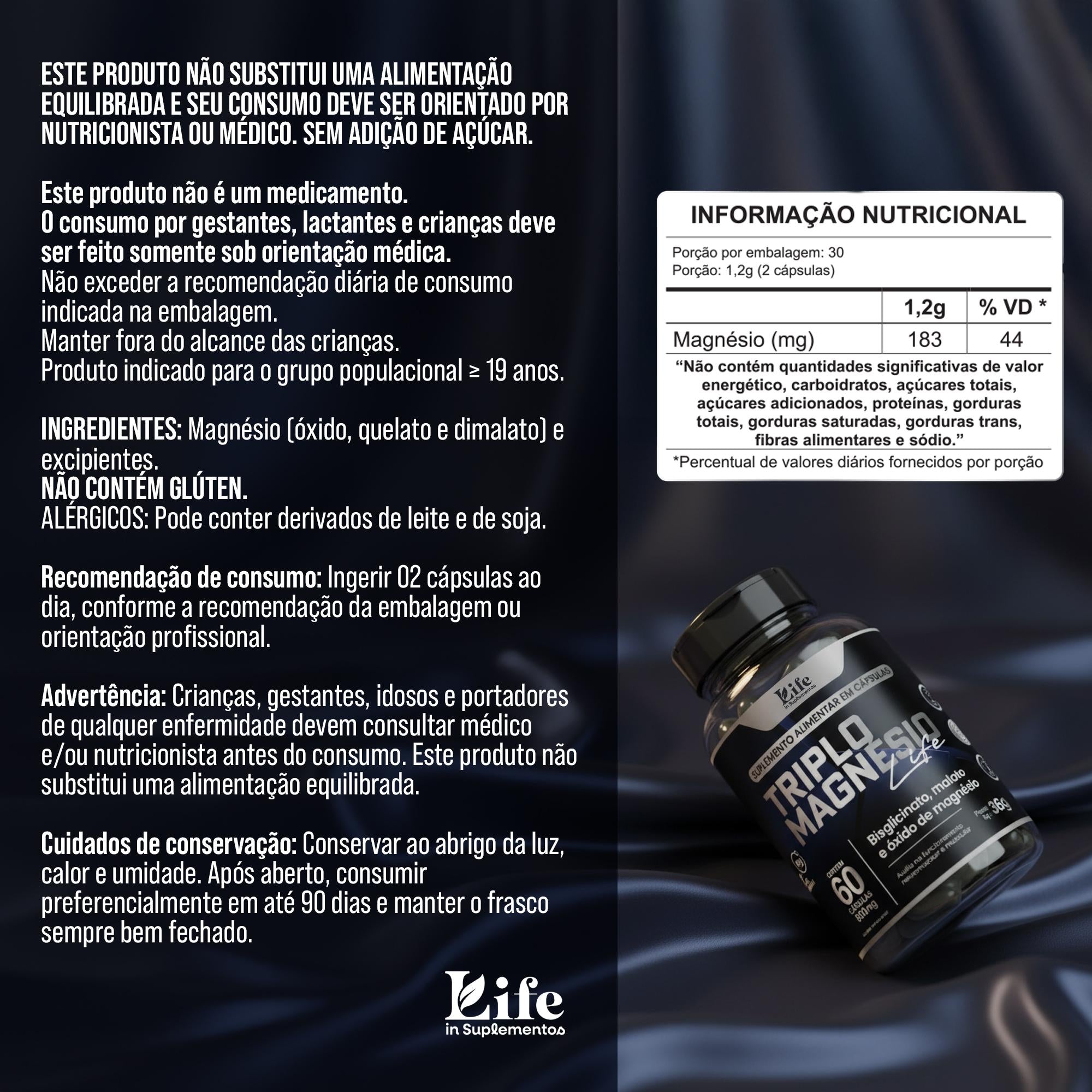 Triplo Magnésio Life In - 60 Cápsulas – Vitalidade, Energia e Combate a Fadiga.