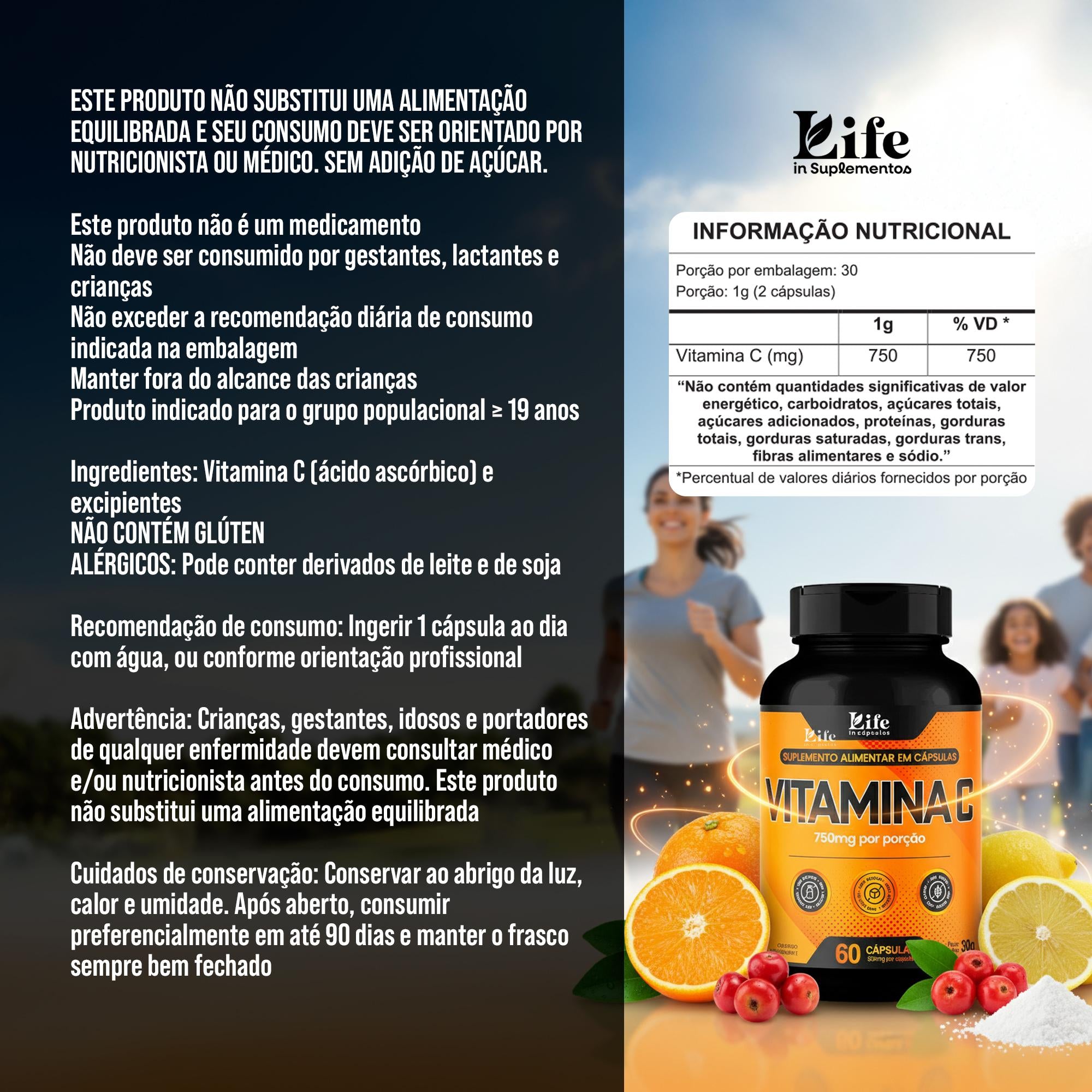 Vitamina C Life In | 750Mg - 60 Cápsulas | Suplemento Alimentar  para Imunidade e Energia.