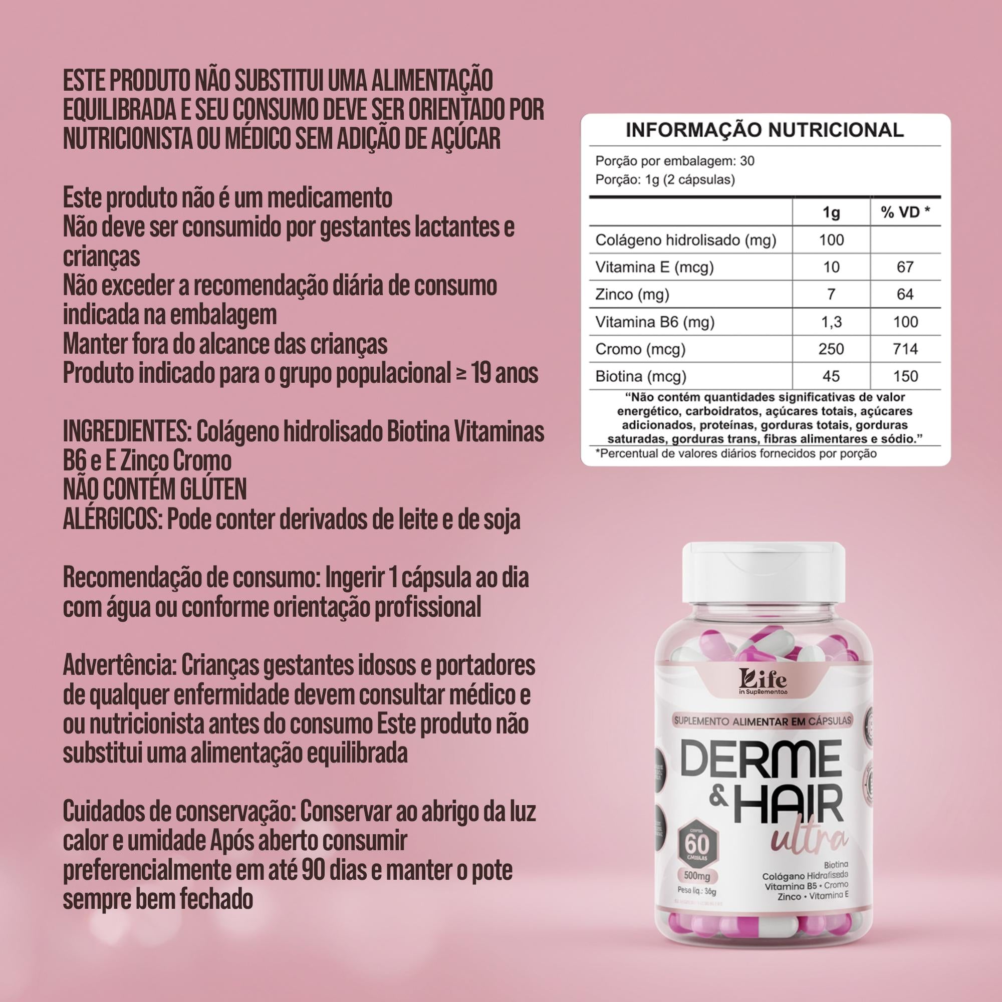 Derme & Hair Ultra 60 Cápsulas – Biotina, Colágeno, Zinco e Vitaminas para Cabelos e Unhas Fortes