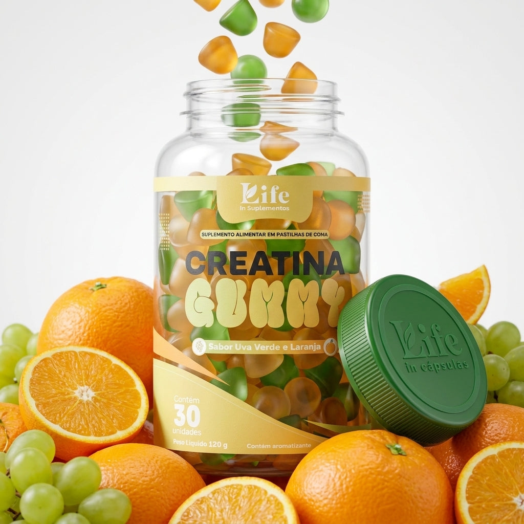 Creatina Gummy LifeIn | Pastilhas de Goma Sabor Uva Verde e Laranja | 30 Unidades