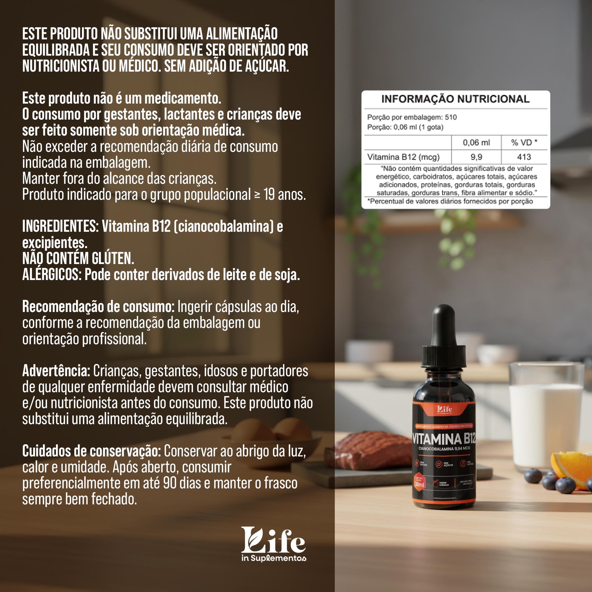 Vitamina B12 Gotas Life In | Energia em Gotas | 30ml Sabor Laranja