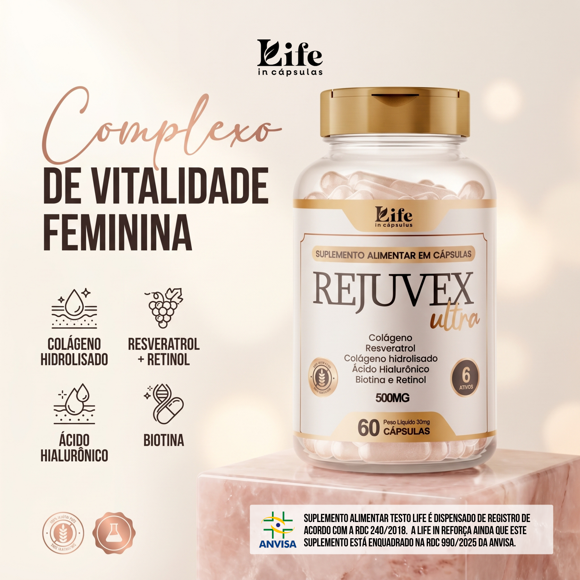 Kit 2 Rejuvex Kit 2 Rejuvex Ultra  Colágeno, Resveratrol, Ácido Hialurônico, Biotina e Retinol – 120 Cápsulas