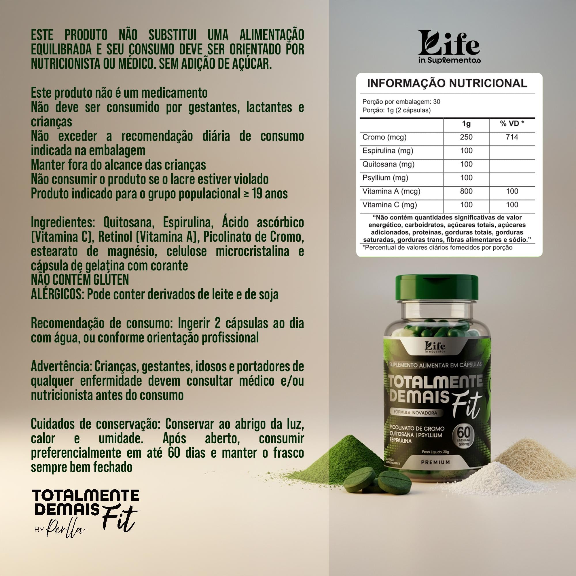 Totalmente Demais Fit By Perlla Life In Cápsulas - 60 Cápsulas de 500 mg - Suplemento Alimentar com Picolinato de Cromo,