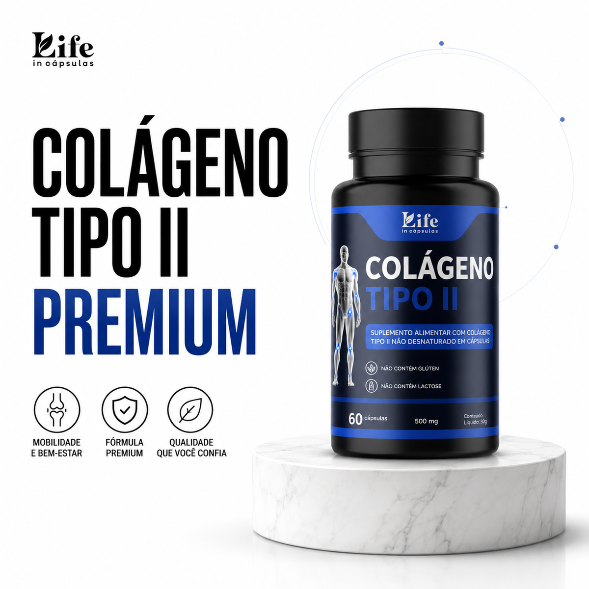 Colágeno Tipo II Premium 500mg - 60 Cápsulas | Life in Cápsulas