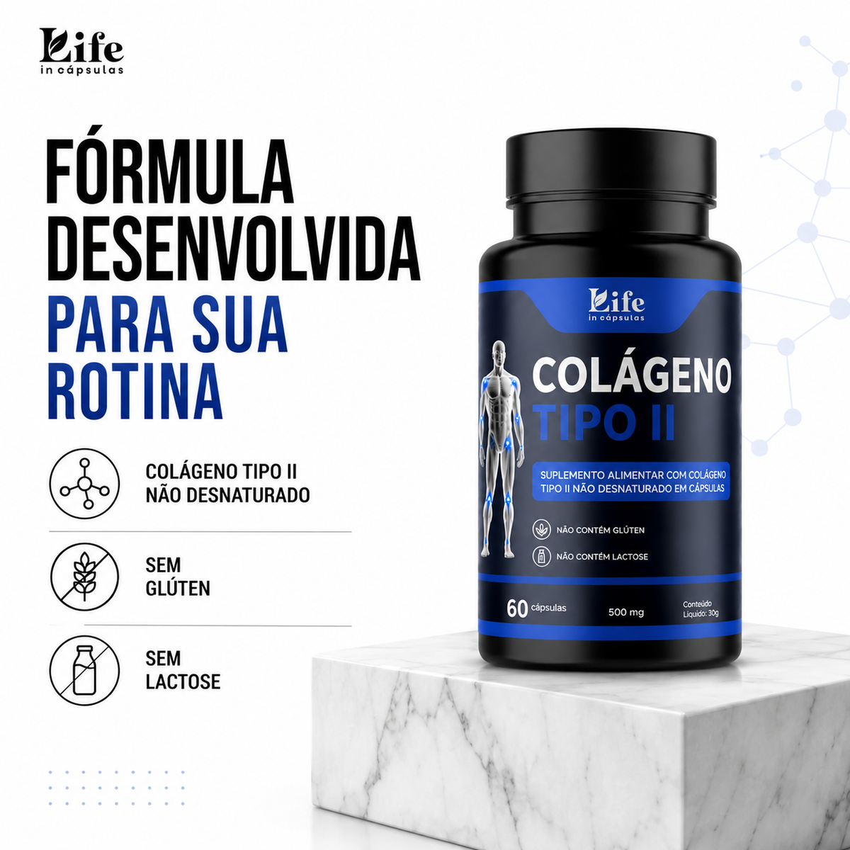 Colágeno Tipo II Premium 500mg - 60 Cápsulas | Life in Cápsulas