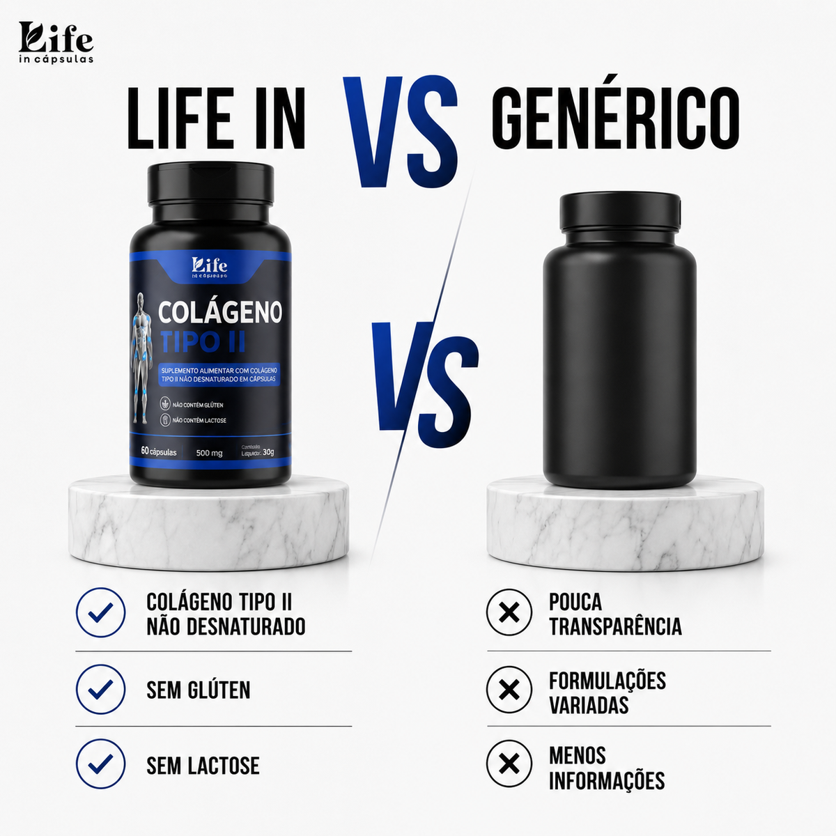 Colágeno Tipo II Premium 500mg - 60 Cápsulas | Life in Cápsulas