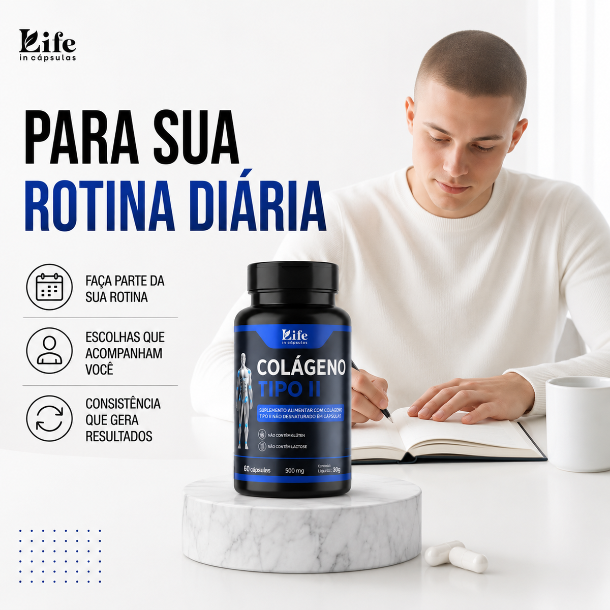 Colágeno Tipo II Premium 500mg - 60 Cápsulas | Life in Cápsulas