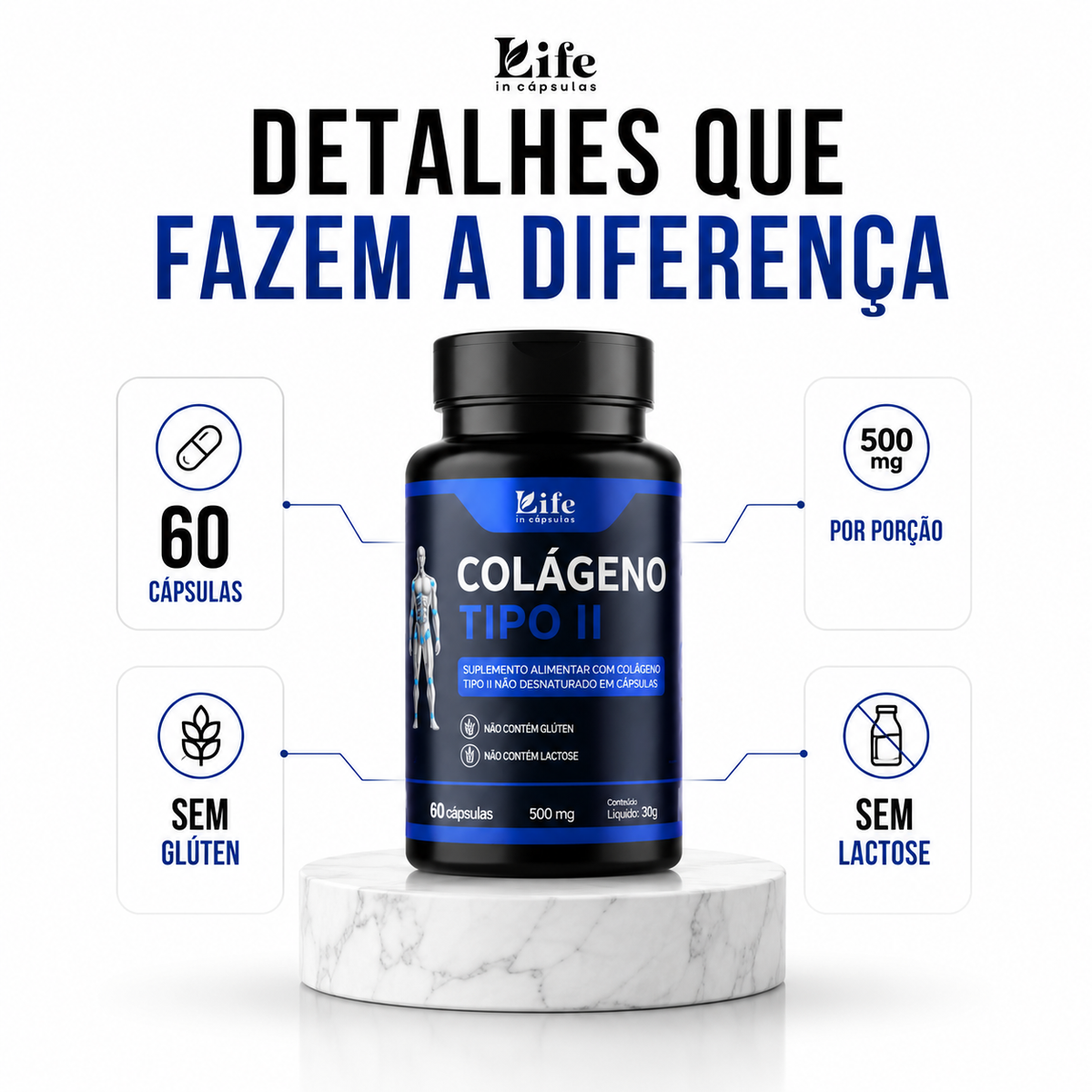 Colágeno Tipo II Premium 500mg - 60 Cápsulas | Life in Cápsulas