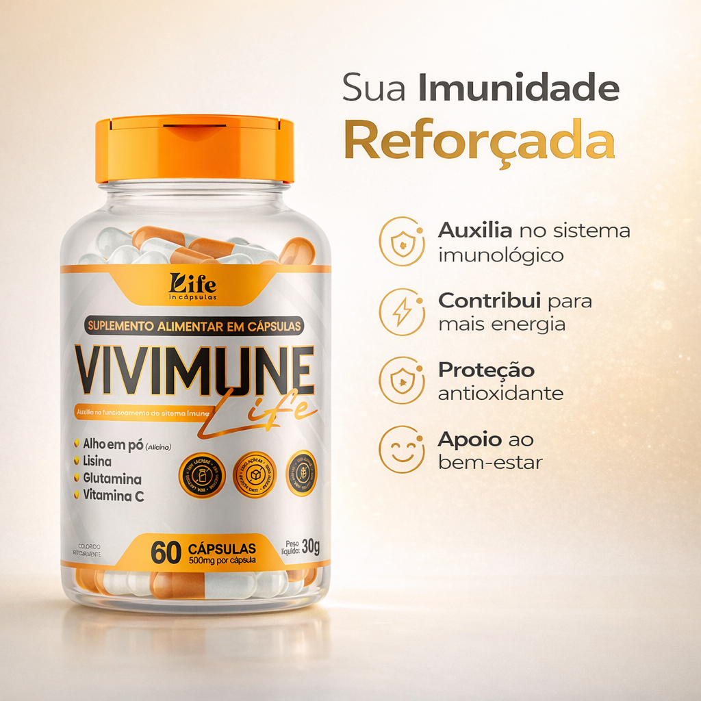 Vivimune Life 500mg – 60 Cápsulas | Suplemento Alimentar com Alho, Lisina, Glutamina e Vitamina C para Imunidade