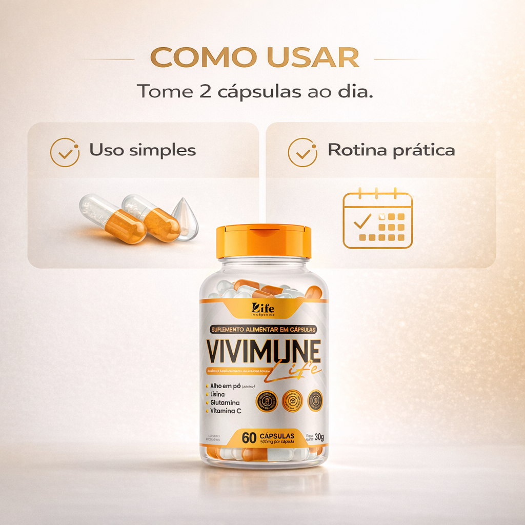 Vivimune Life 500mg – 60 Cápsulas | Suplemento Alimentar com Alho, Lisina, Glutamina e Vitamina C para Imunidade