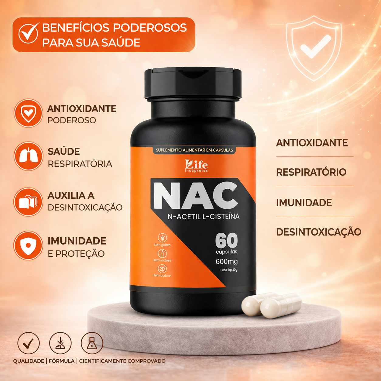 NAC N-Acetil L-Cisteína 600mg Life in Cápsulas – 60 Cápsulas | Suplemento Alimentar Antioxidante, Sem Glúten e Sem Lactose
