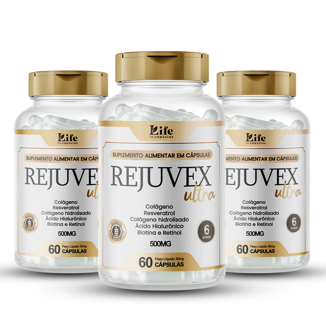 Kit 3 Rejuvex Ultra Colágeno, Resveratrol, Ácido Hialurônico, Biotina e Retinol – 180 Cápsulas