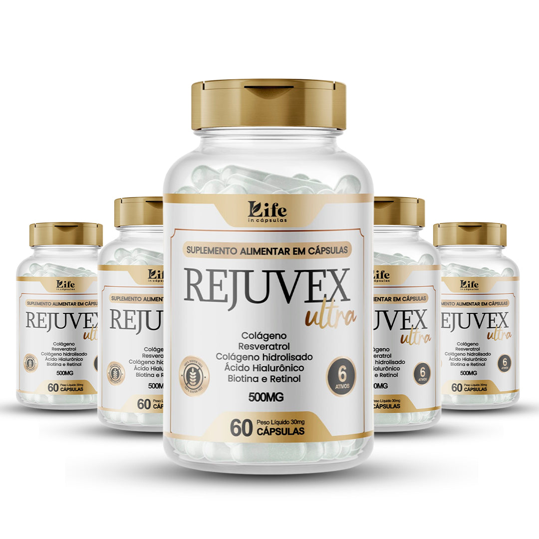 Para o Kit com 5 Potes: Kit 5 Rejuvex Ultra Colágeno, Resveratrol, Ácido Hialurônico, Biotina e Retinol – 300 Cápsulas