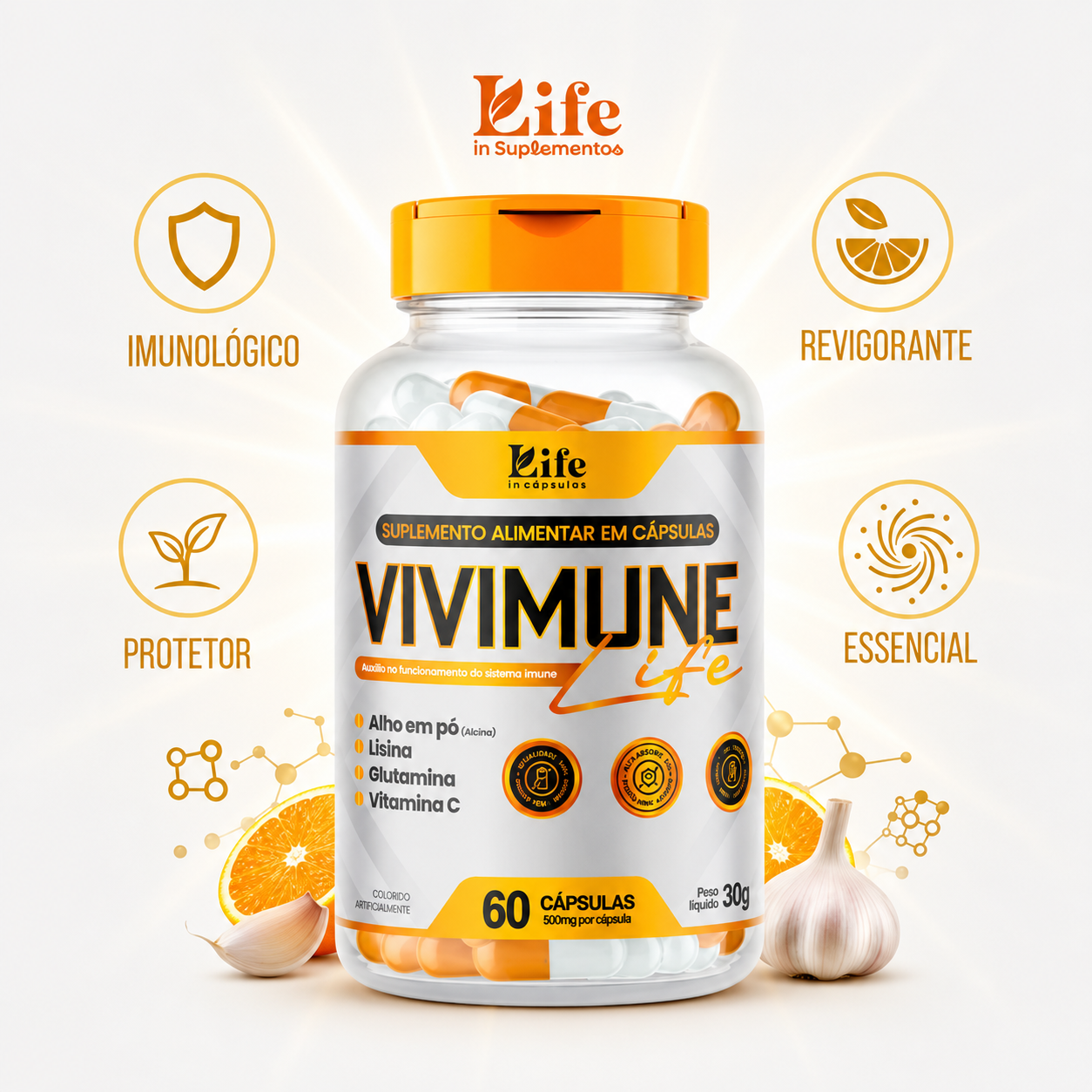 Vivimune Life 500mg – 60 Cápsulas | Suplemento Alimentar com Alho, Lisina, Glutamina e Vitamina C para Imunidade