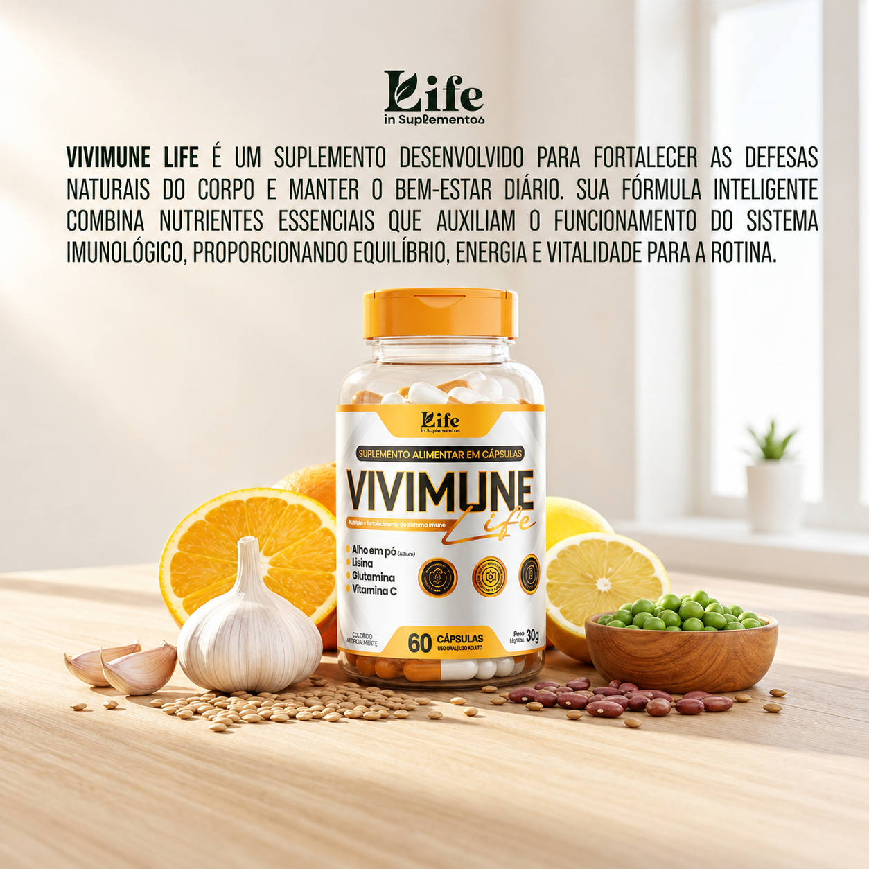Vivimune Life 500mg – 60 Cápsulas | Suplemento Alimentar com Alho, Lisina, Glutamina e Vitamina C para Imunidade