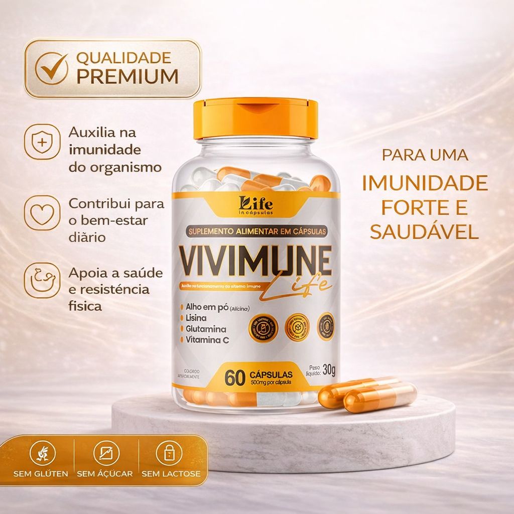 Vivimune Life 500mg – 60 Cápsulas | Suplemento Alimentar com Alho, Lisina, Glutamina e Vitamina C para Imunidade