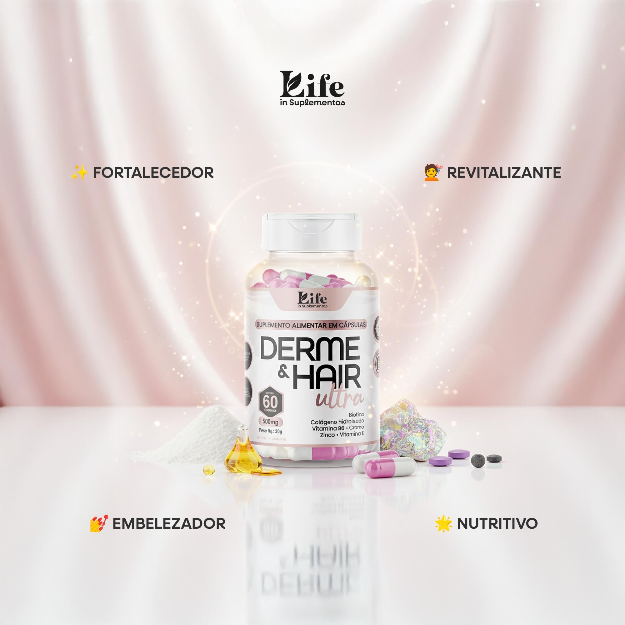 Derme & Hair Ultra 60 Cápsulas – Biotina, Colágeno, Zinco e Vitaminas para Cabelos e Unhas Fortes