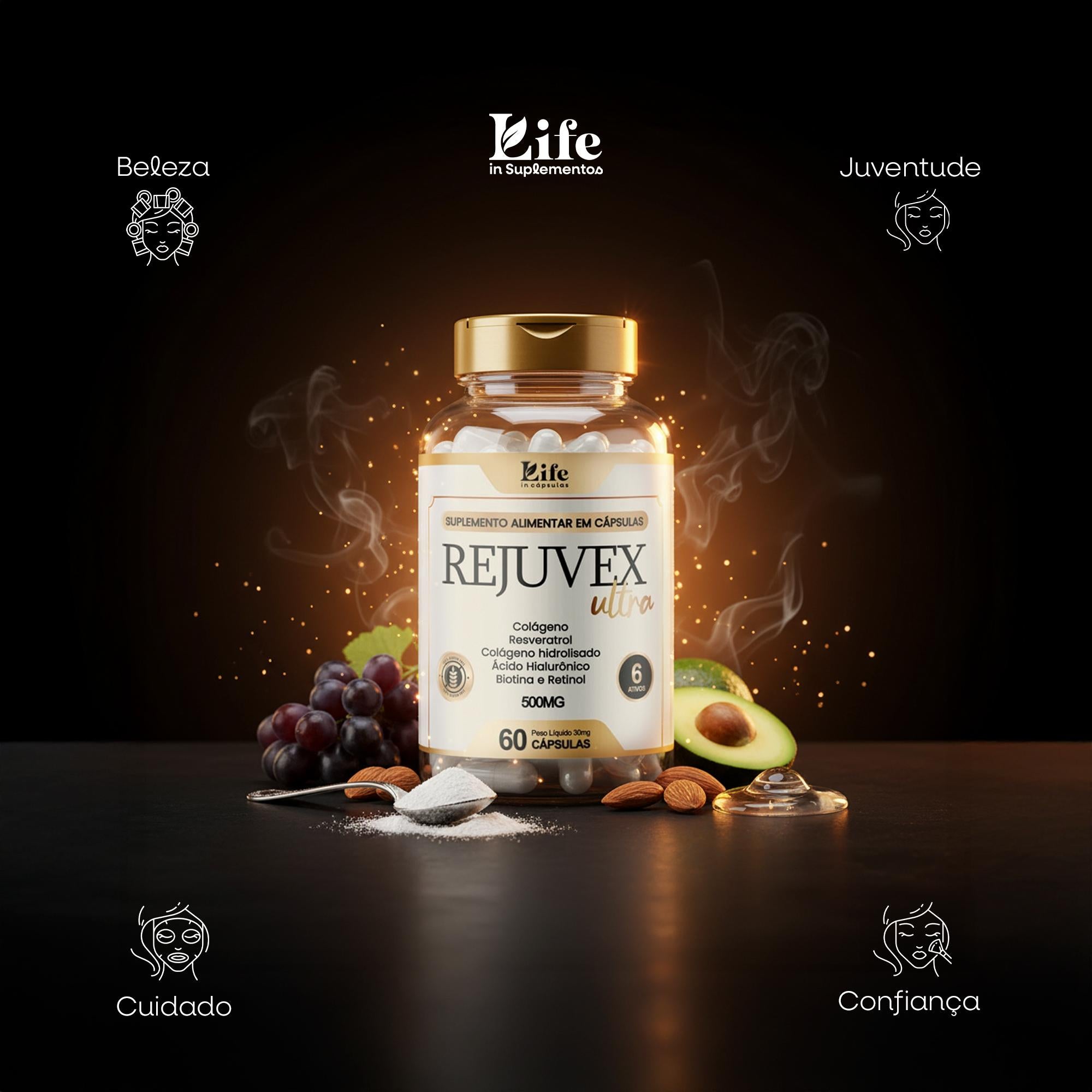 Rejuvex Ultra - 60 Capsulas - Colágeno + Ácido Hialurônico | Pele Firme e Saudável