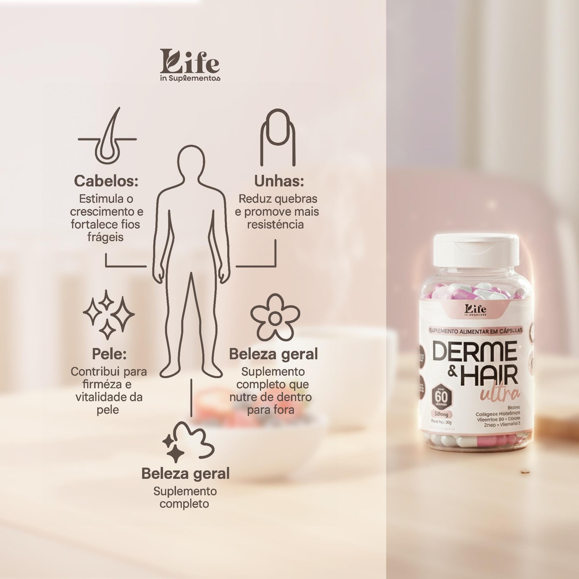 Derme & Hair Ultra 60 Cápsulas – Biotina, Colágeno, Zinco e Vitaminas para Cabelos e Unhas Fortes