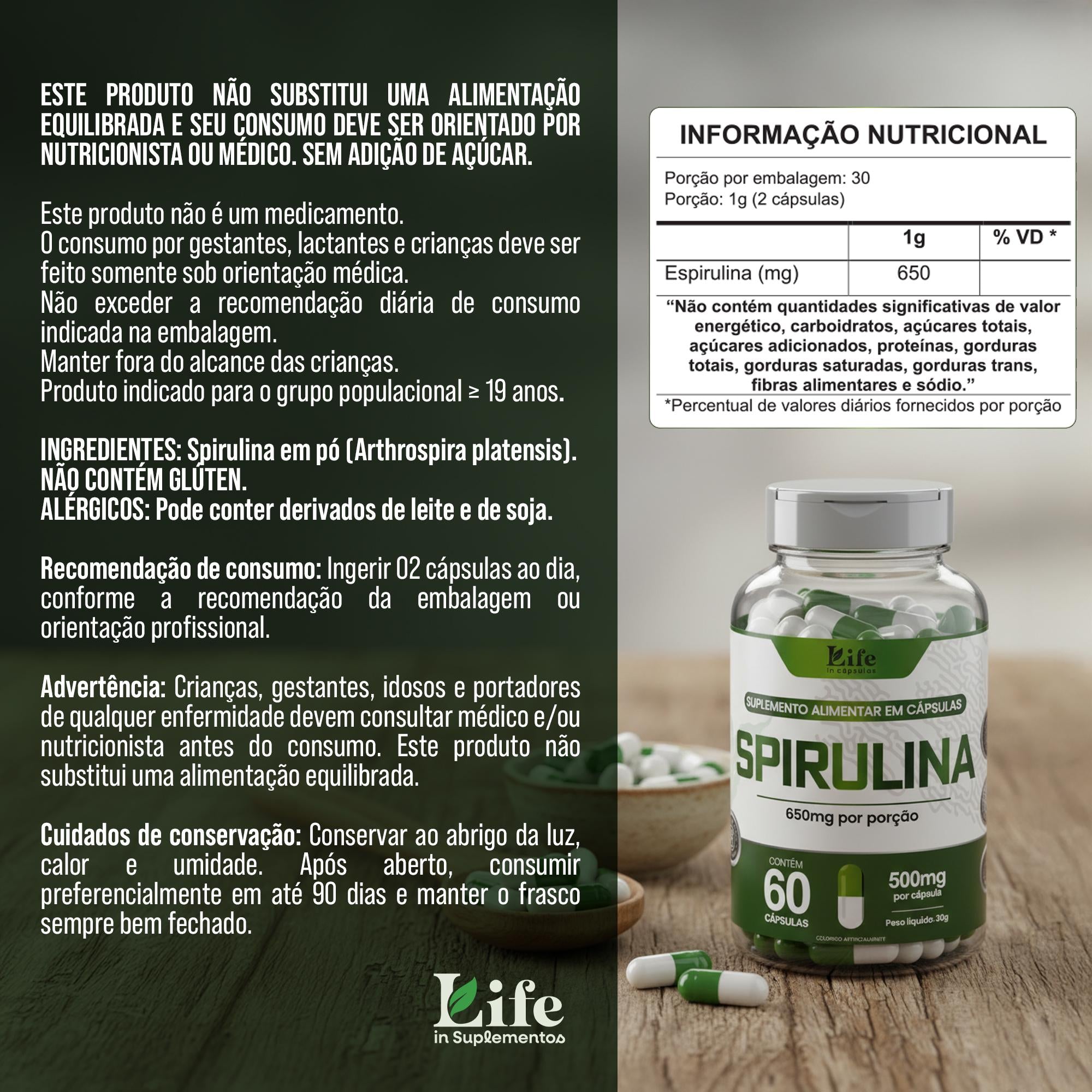 Spirulina Life In - 60 Cápsulas - Auxílio ao Metabolismo Energético e Saciedade.