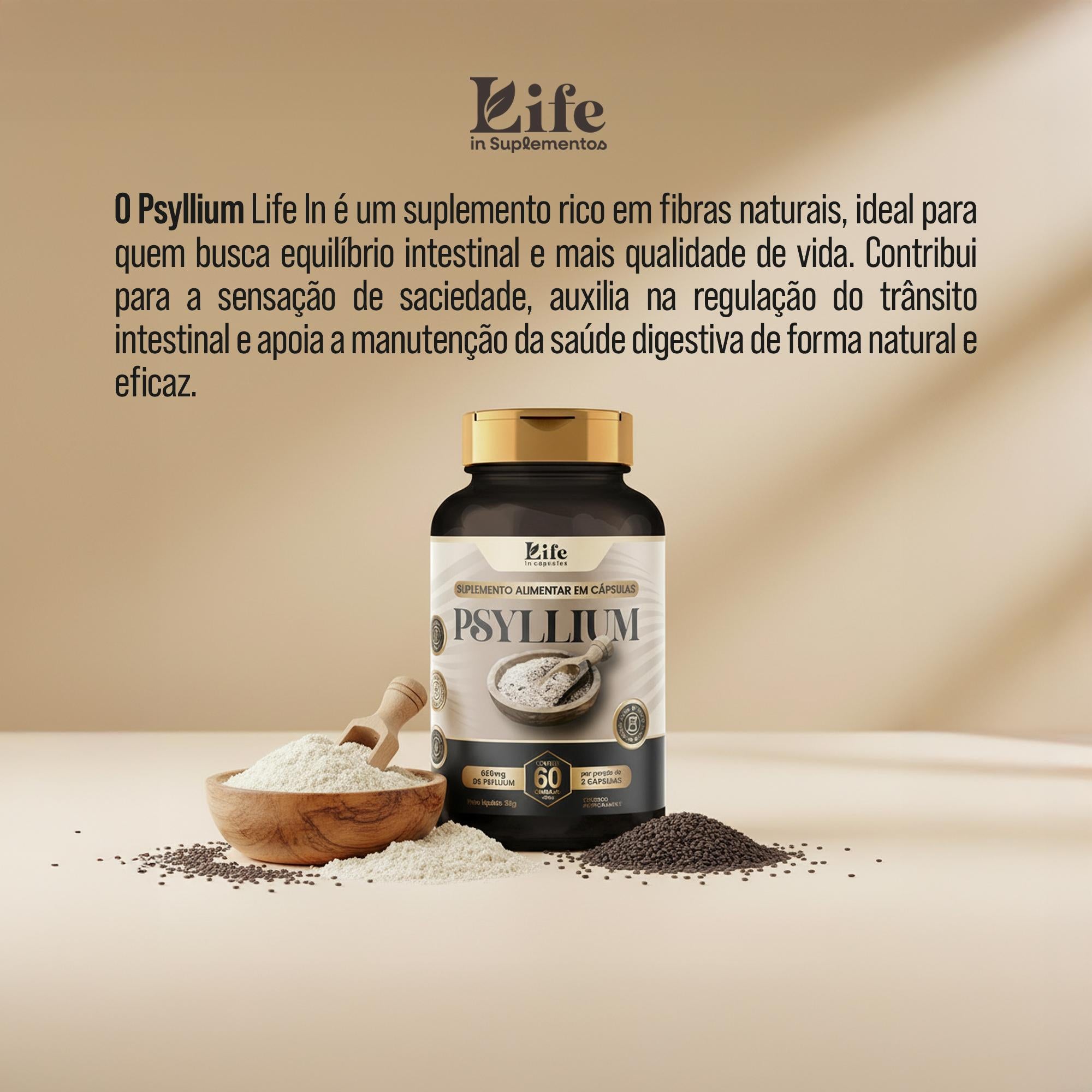Psyllium Life In - 60 Cápsulas - Suplemento Alimentar Life In Cápsulas | Auxilio a Saúde Intestinal e a Saciedade