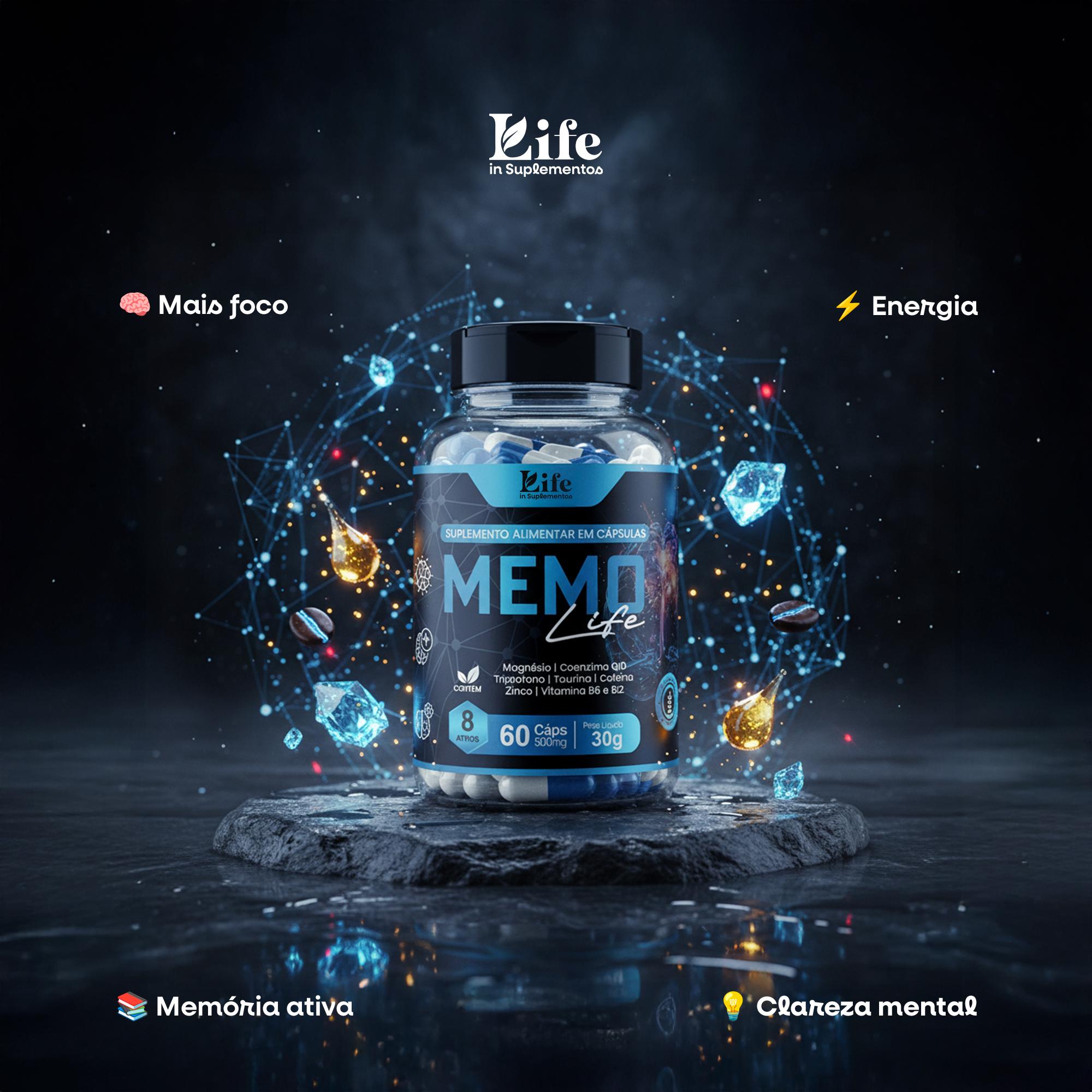 Memo Life 60 Cápsulas – Memória, Energia, Clareza Mental, Concentração, Disposição.