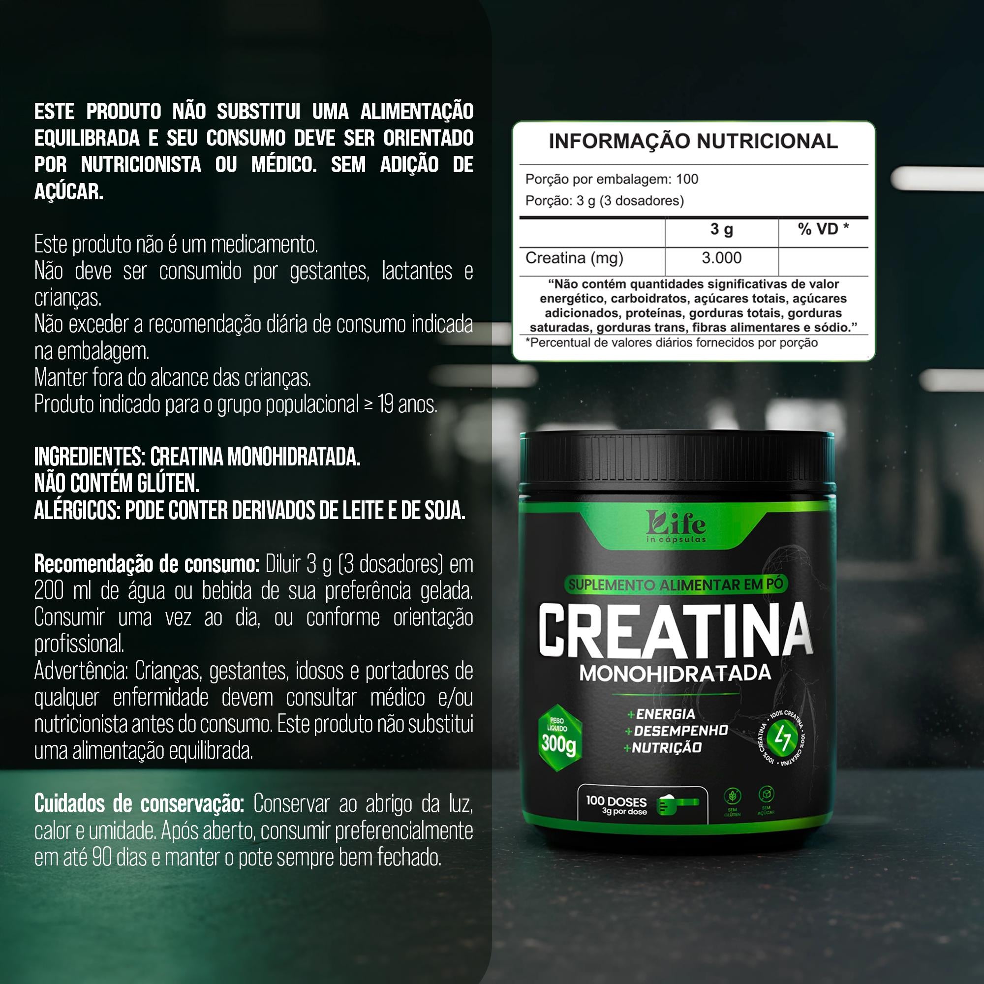 Creatina Monohidratada Life In 100% Pura - 300g - Energia e Performance Natural.