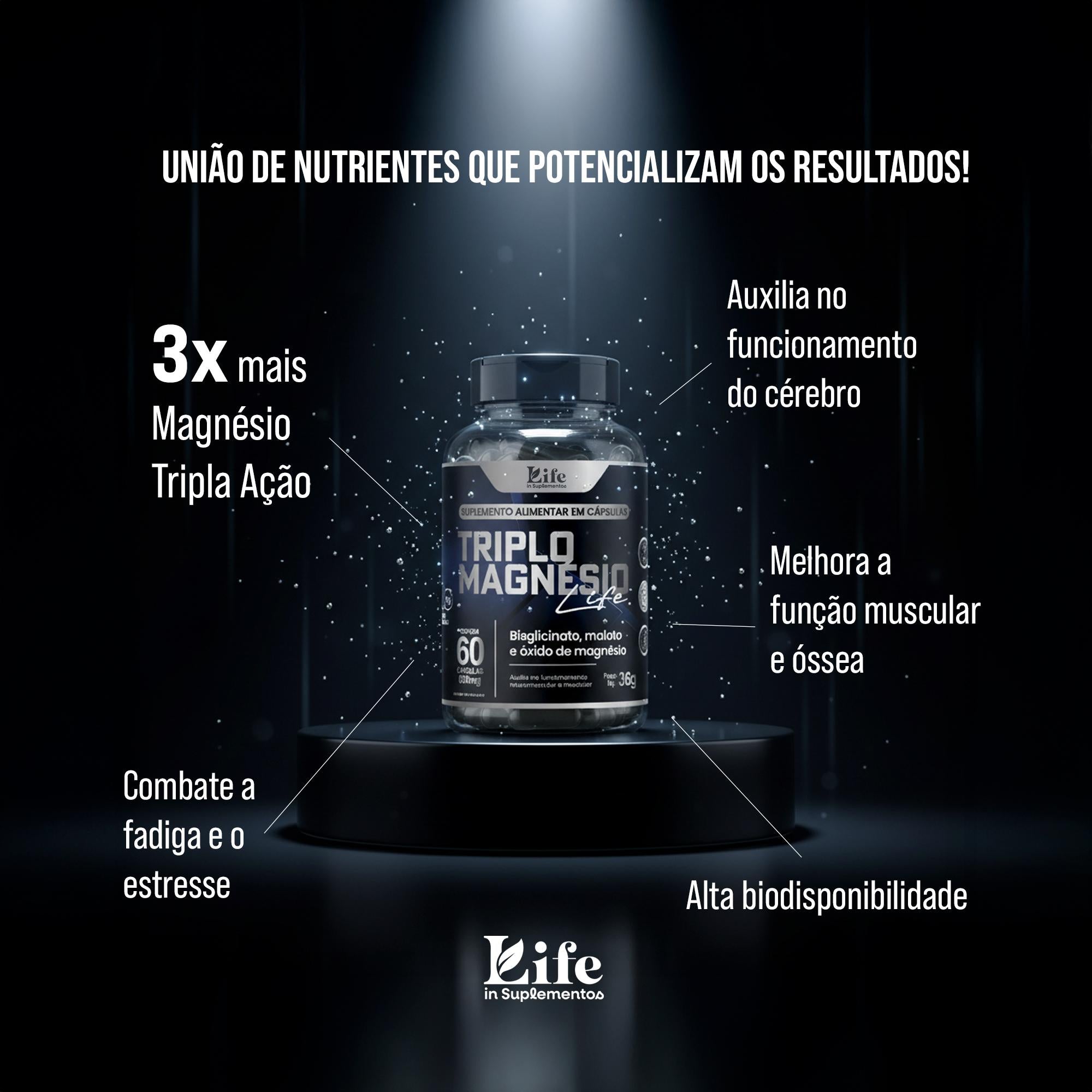 Triplo Magnésio Life In - 60 Cápsulas – Vitalidade, Energia e Combate a Fadiga.